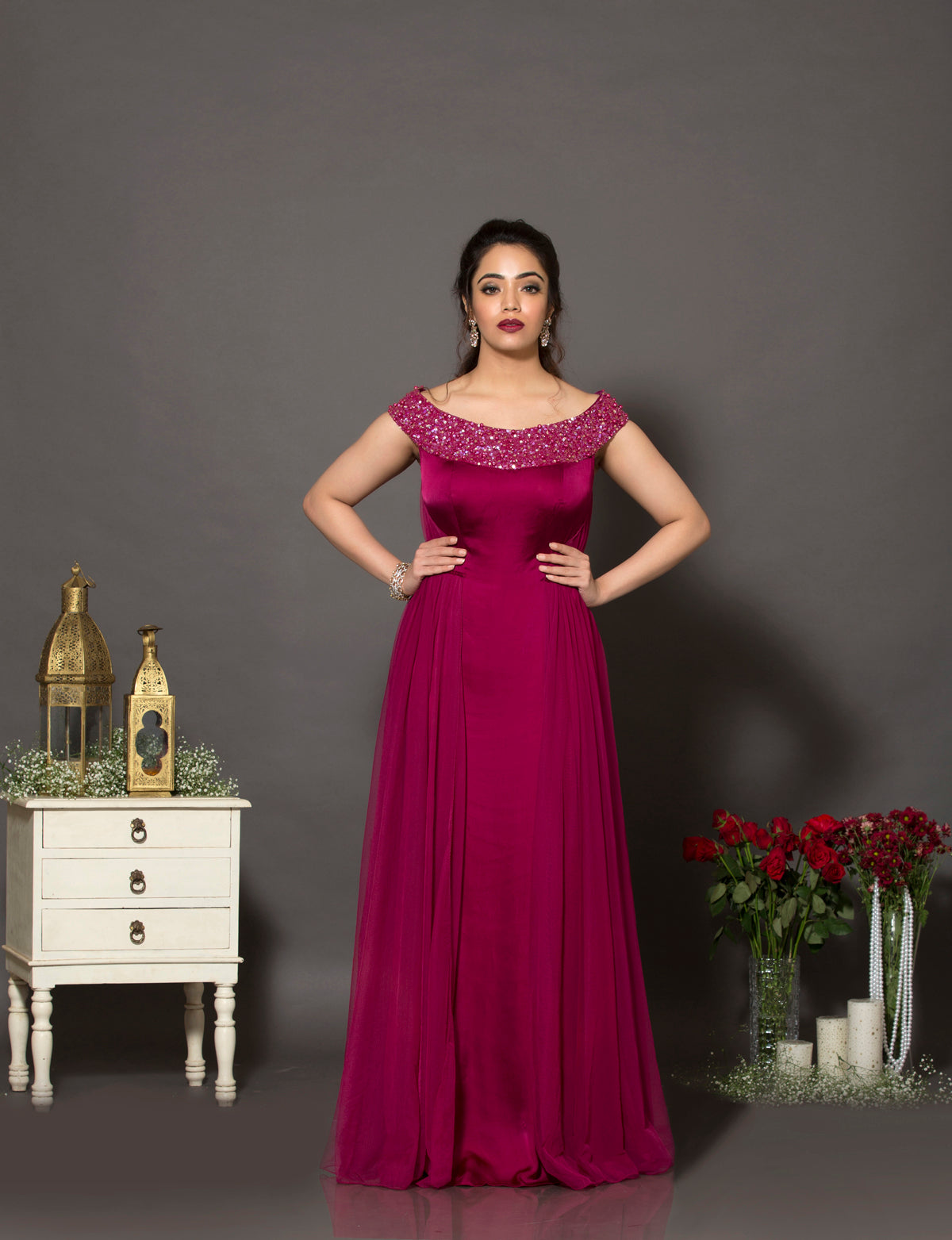 Wine off-shoulder cocktail gown