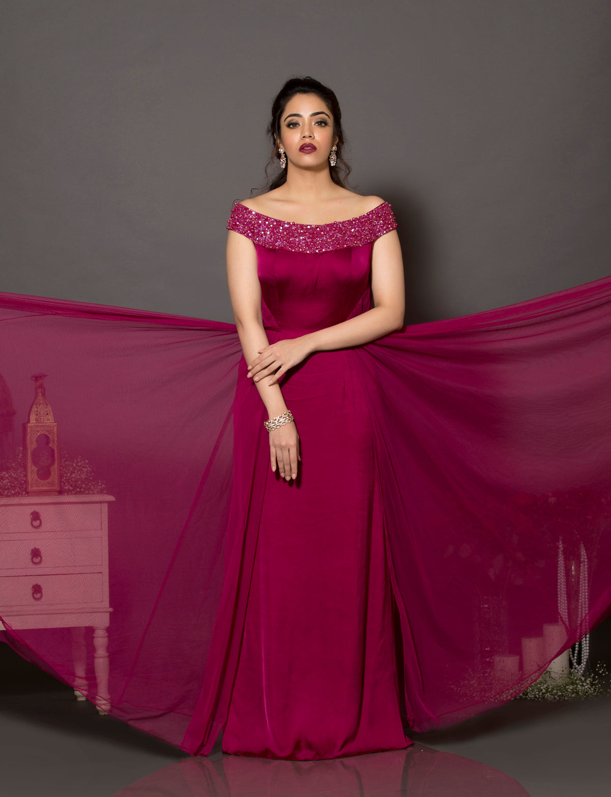 Wine off-shoulder cocktail gown