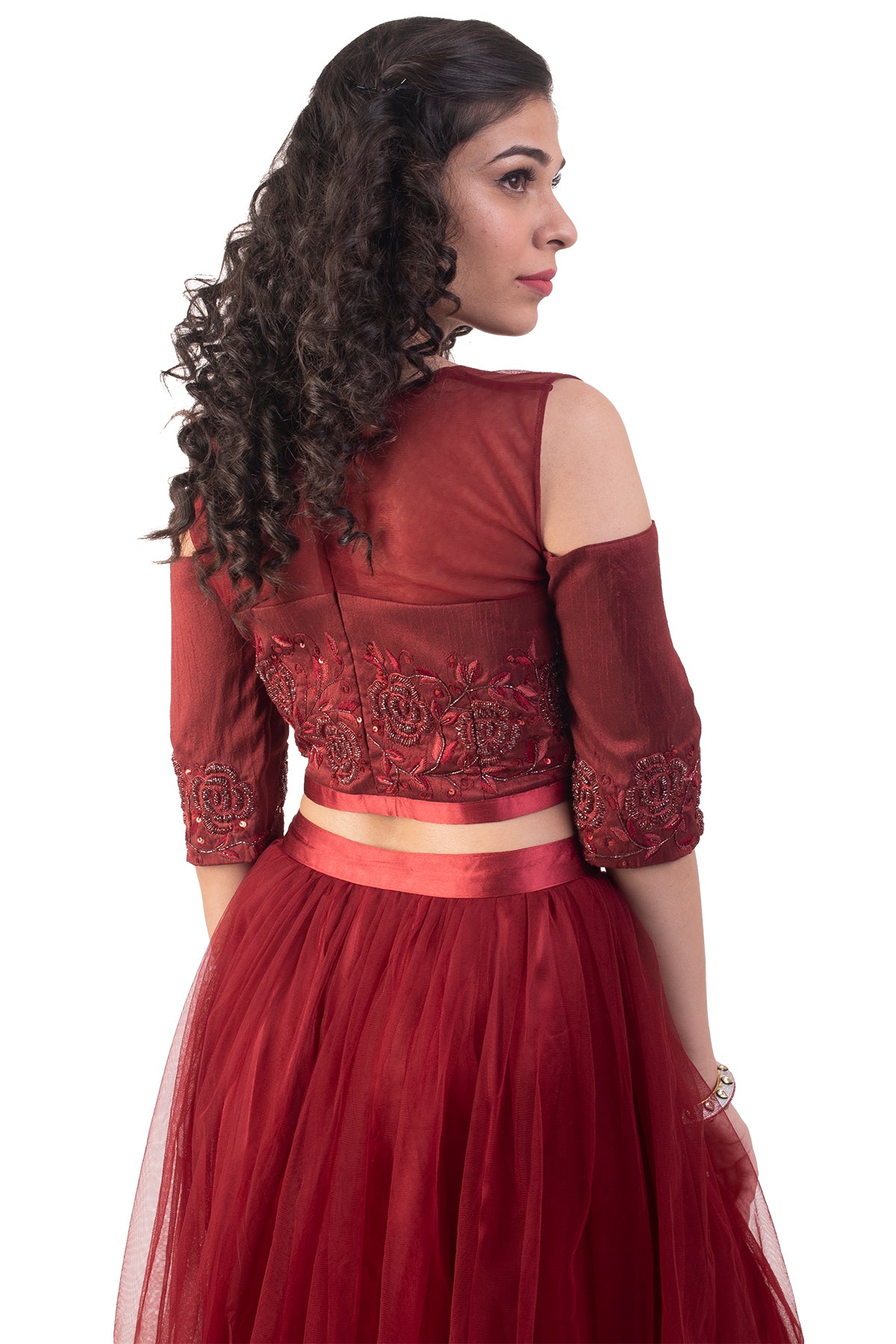 Maroon Crop Top And Skirt