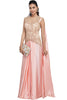 The epitome of east meets west, this baby pink soft net and cotton satin lehenga sari has a well-fitted, defining gold pearl & bead embroidered bodice. For your comfort, the outfit has a side zip and snap button closure on the shoulder.