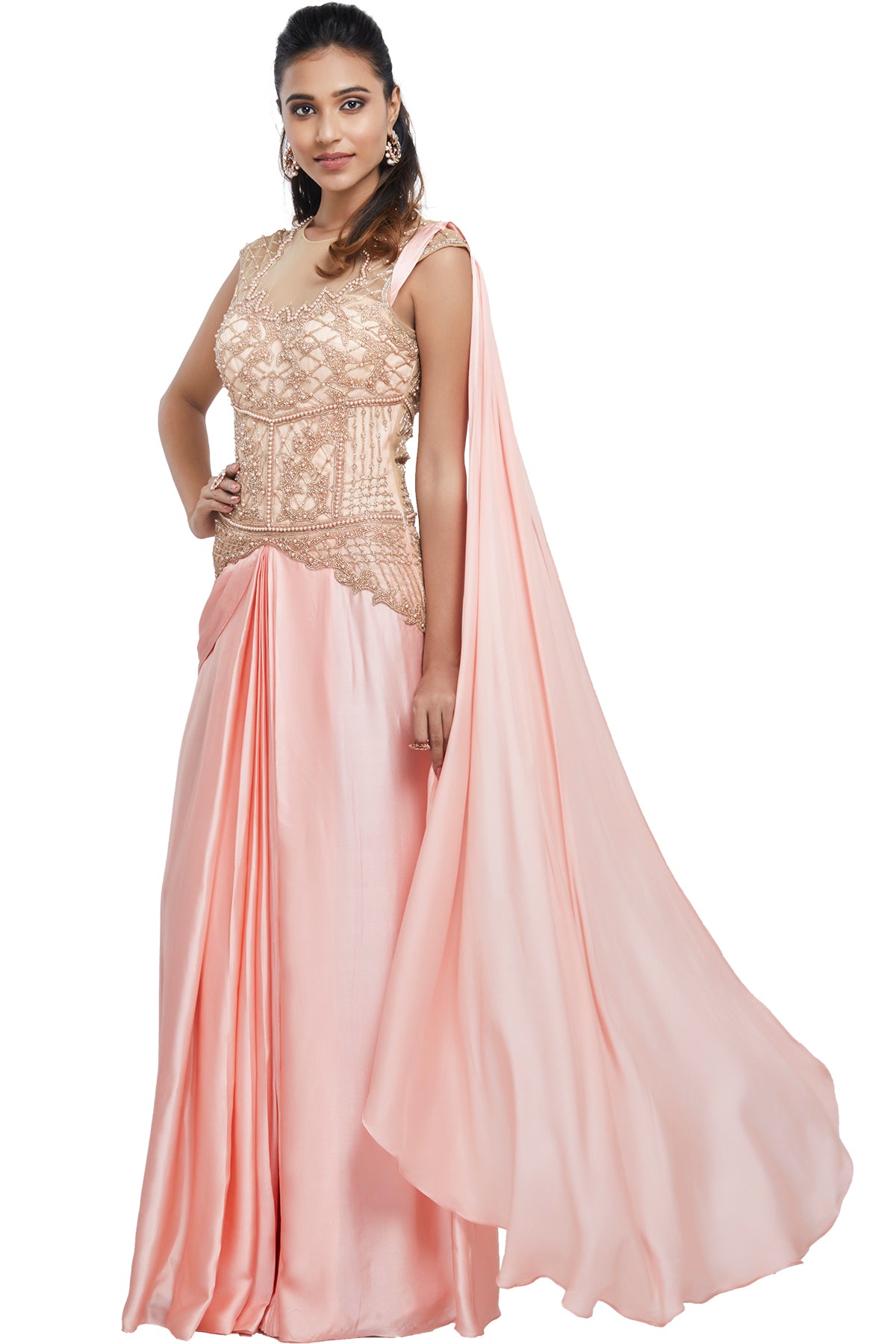 Rose Pink Bridal Satin Embroidered Gown With Cape Design by Sonaakshi Raaj  at Pernia's Pop Up Shop 2024