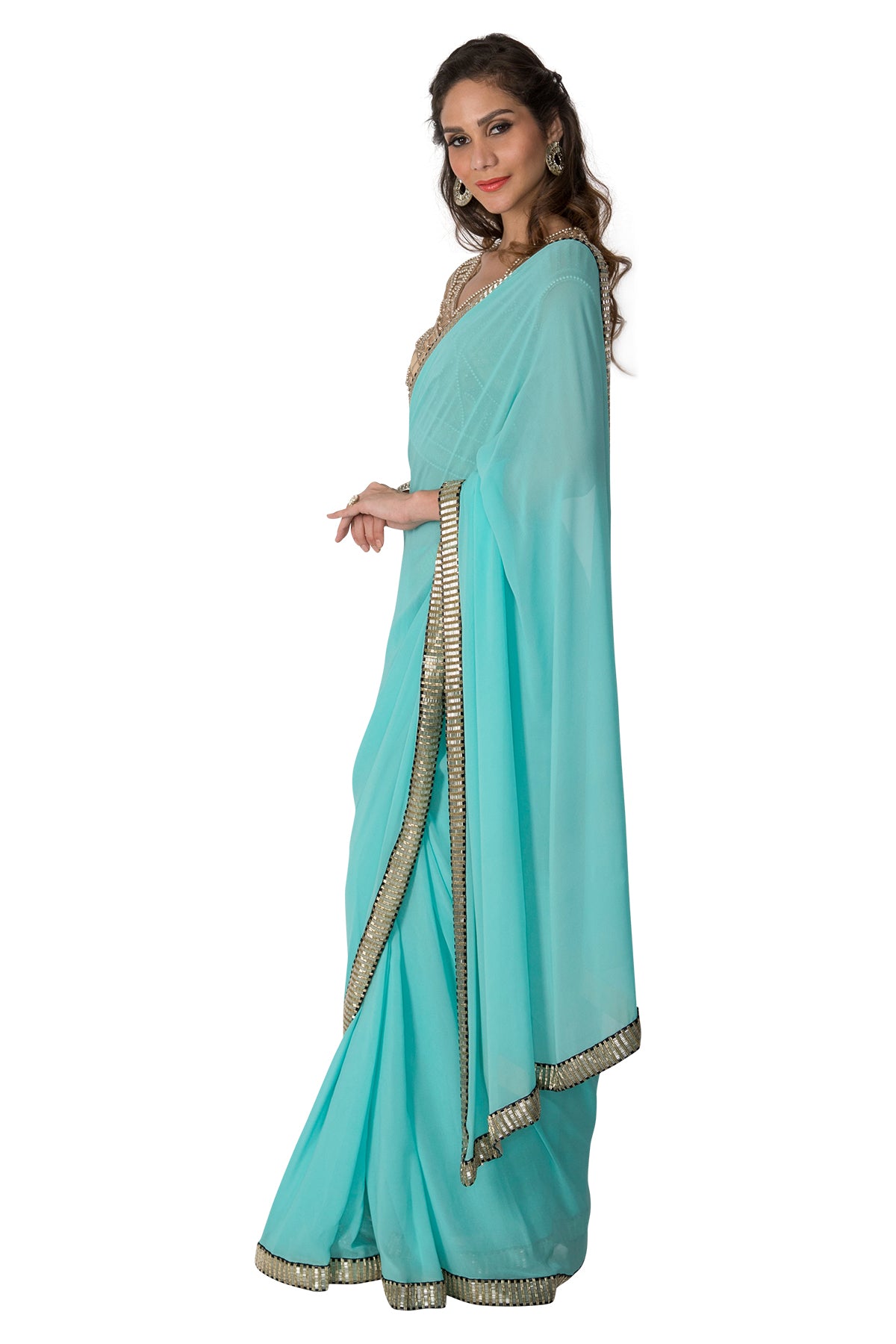 Sky blue Saree with gold blouse