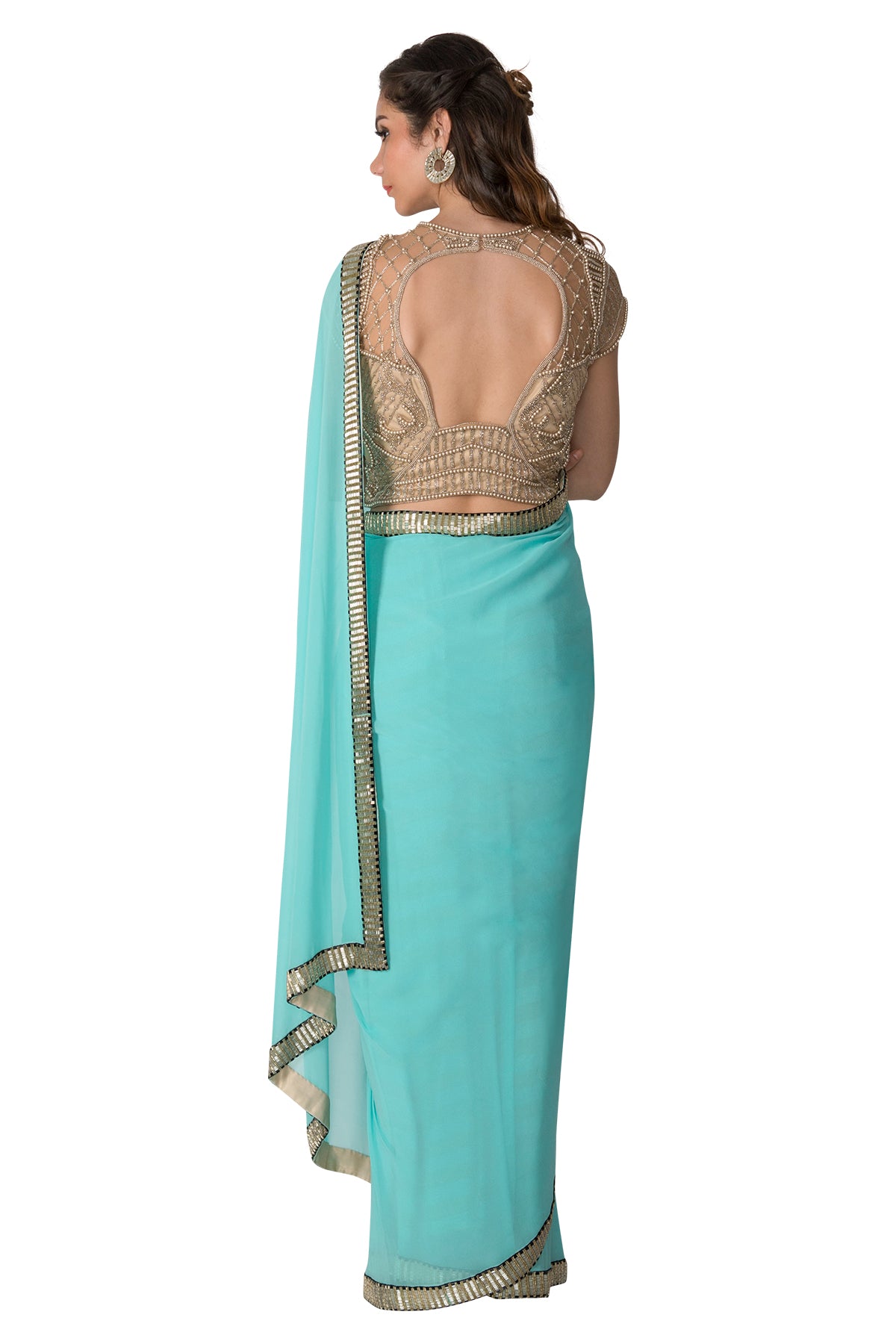 Sky blue Saree with gold blouse