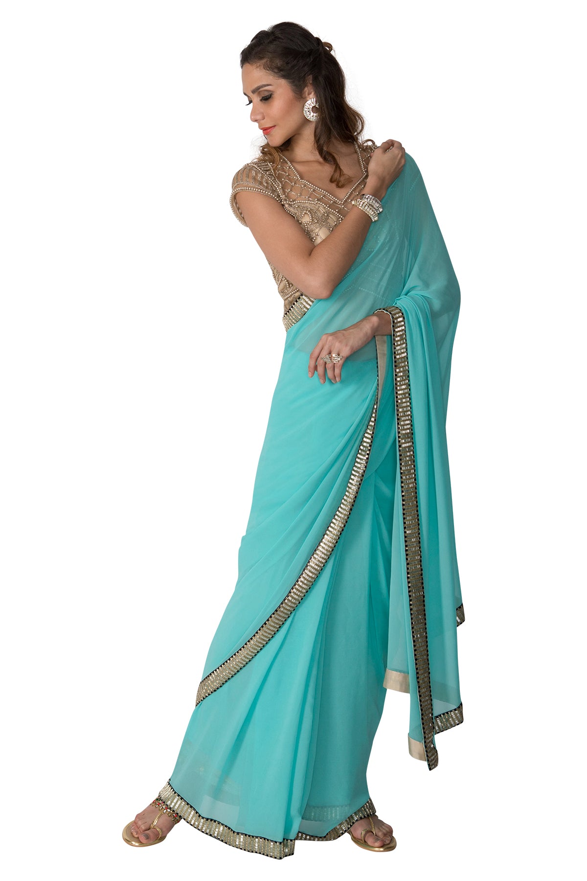 Sky blue Saree with gold blouse