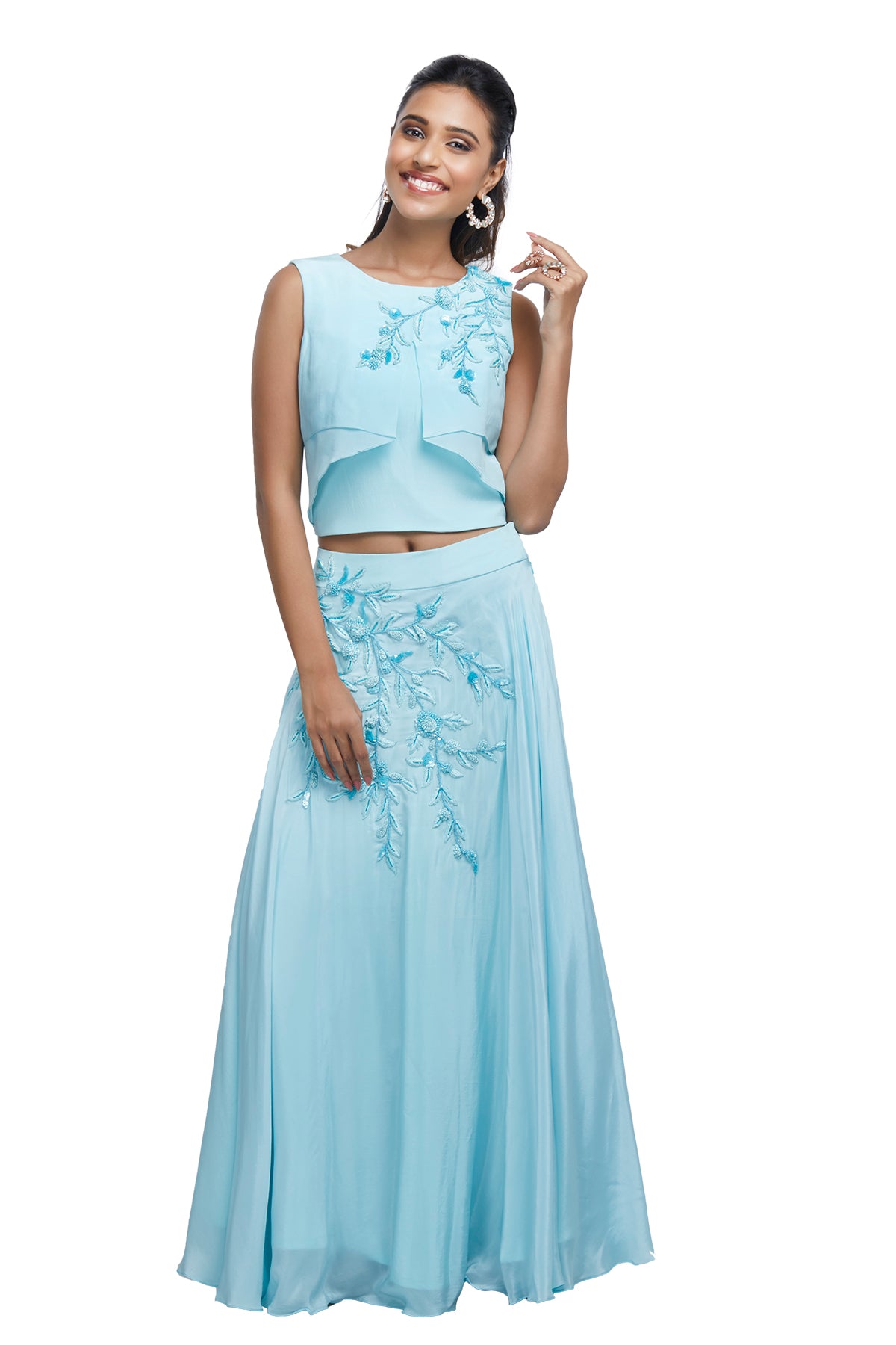 Baby blue crop top and skirt