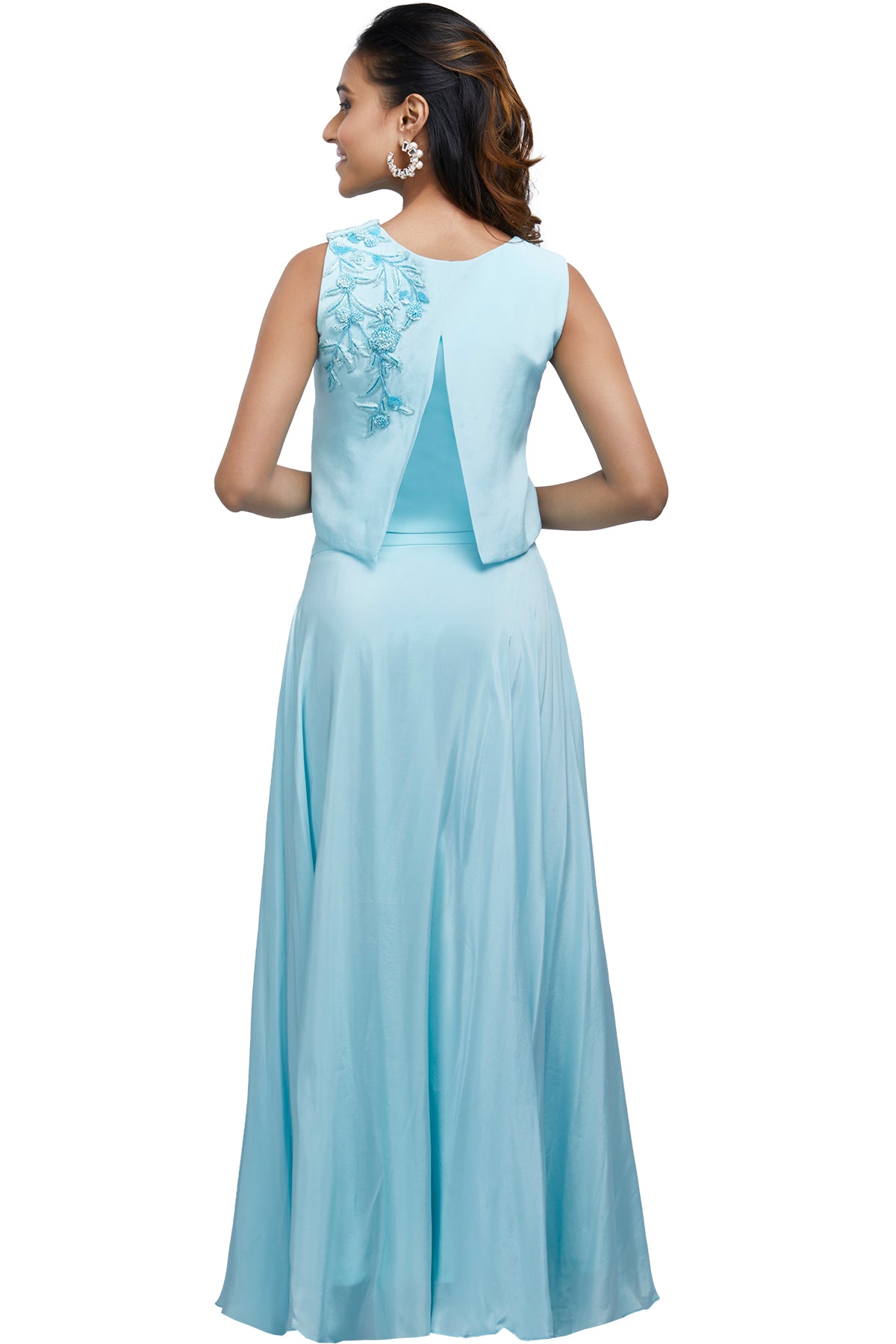 Baby blue crop top and skirt