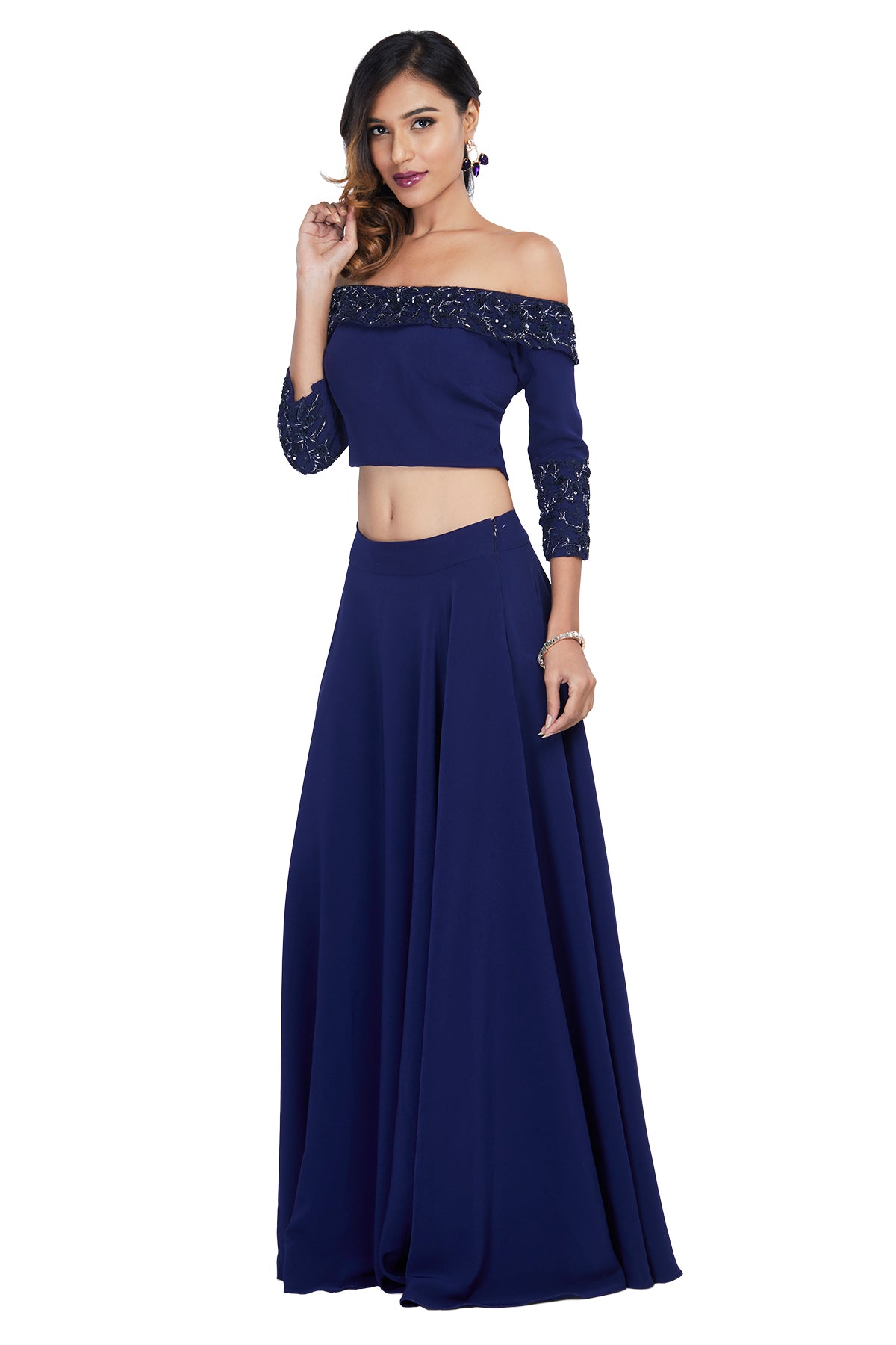 Blue Off-Shouldered Crop Top with Skirt