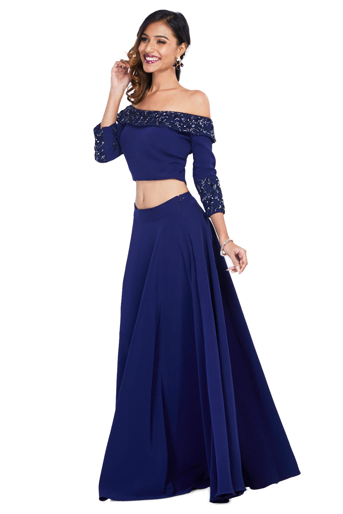 Blue Off-Shouldered Crop Top with Skirt