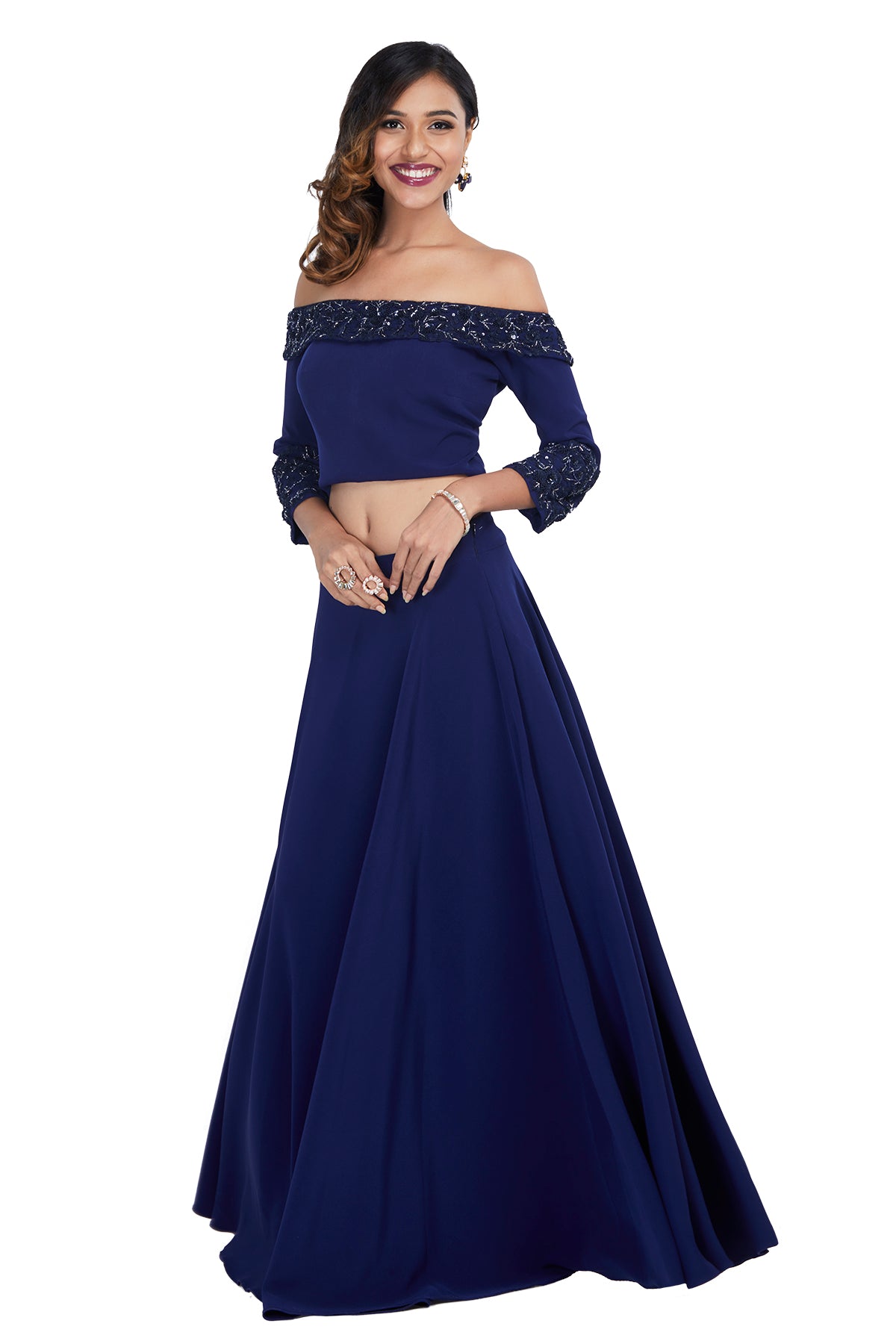 Blue Off-Shouldered Crop Top with Skirt