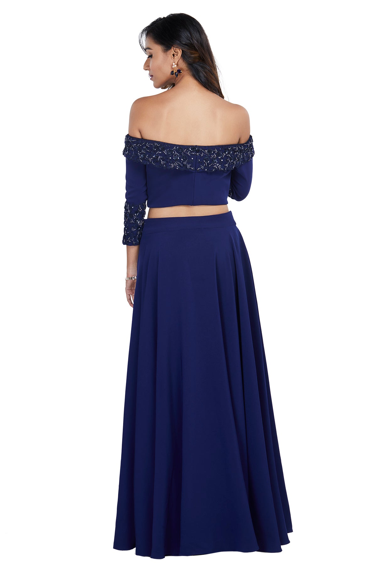 Blue Off-Shouldered Crop Top with Skirt