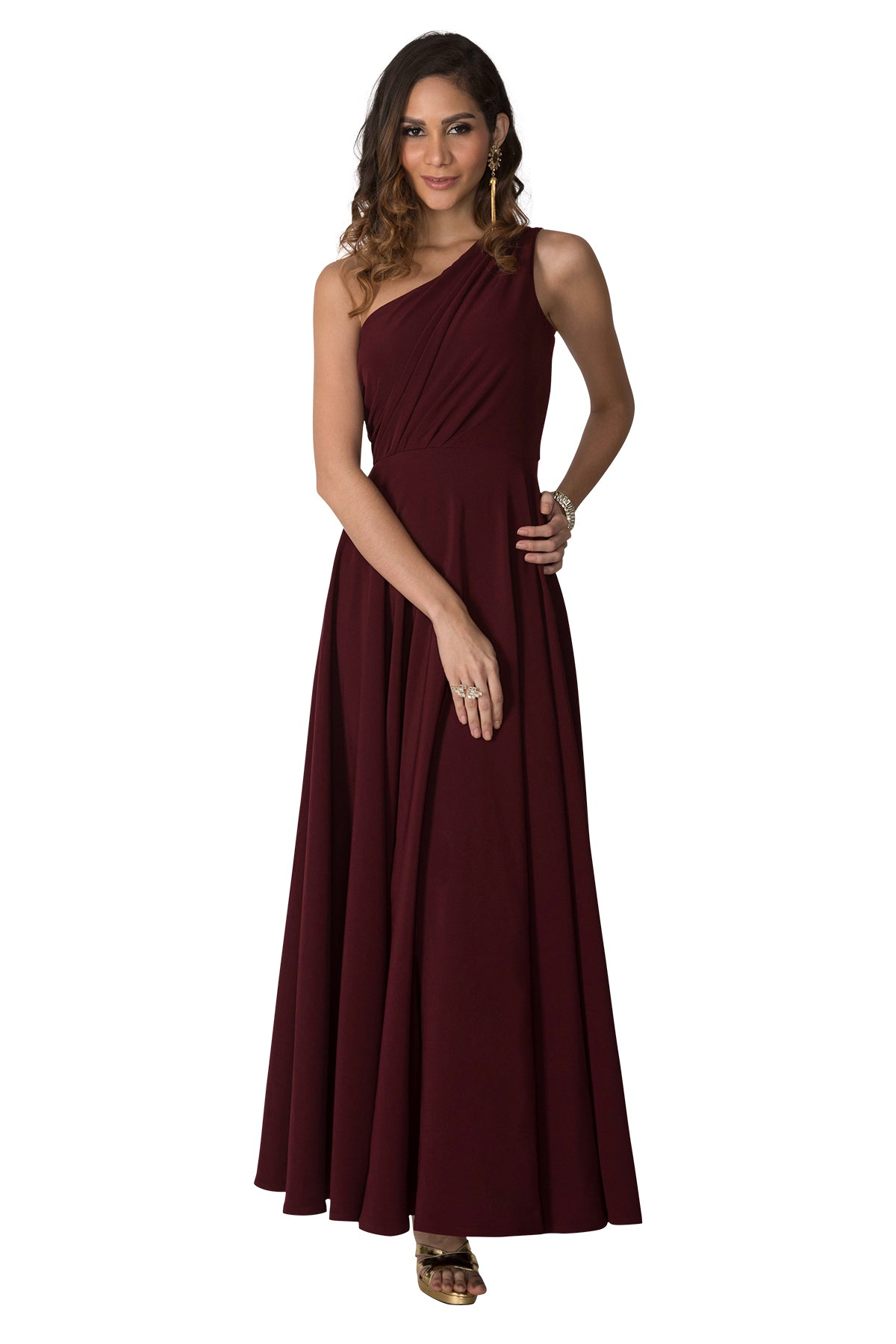 We've got the hots for this bold Burgundy gown with a double strapped back and pleated front in imported poly fabric.