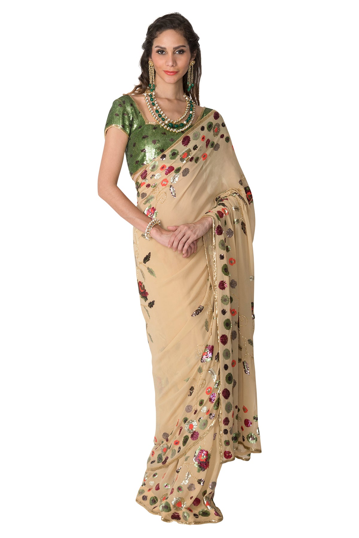 Cream and green sequins embroidered saree