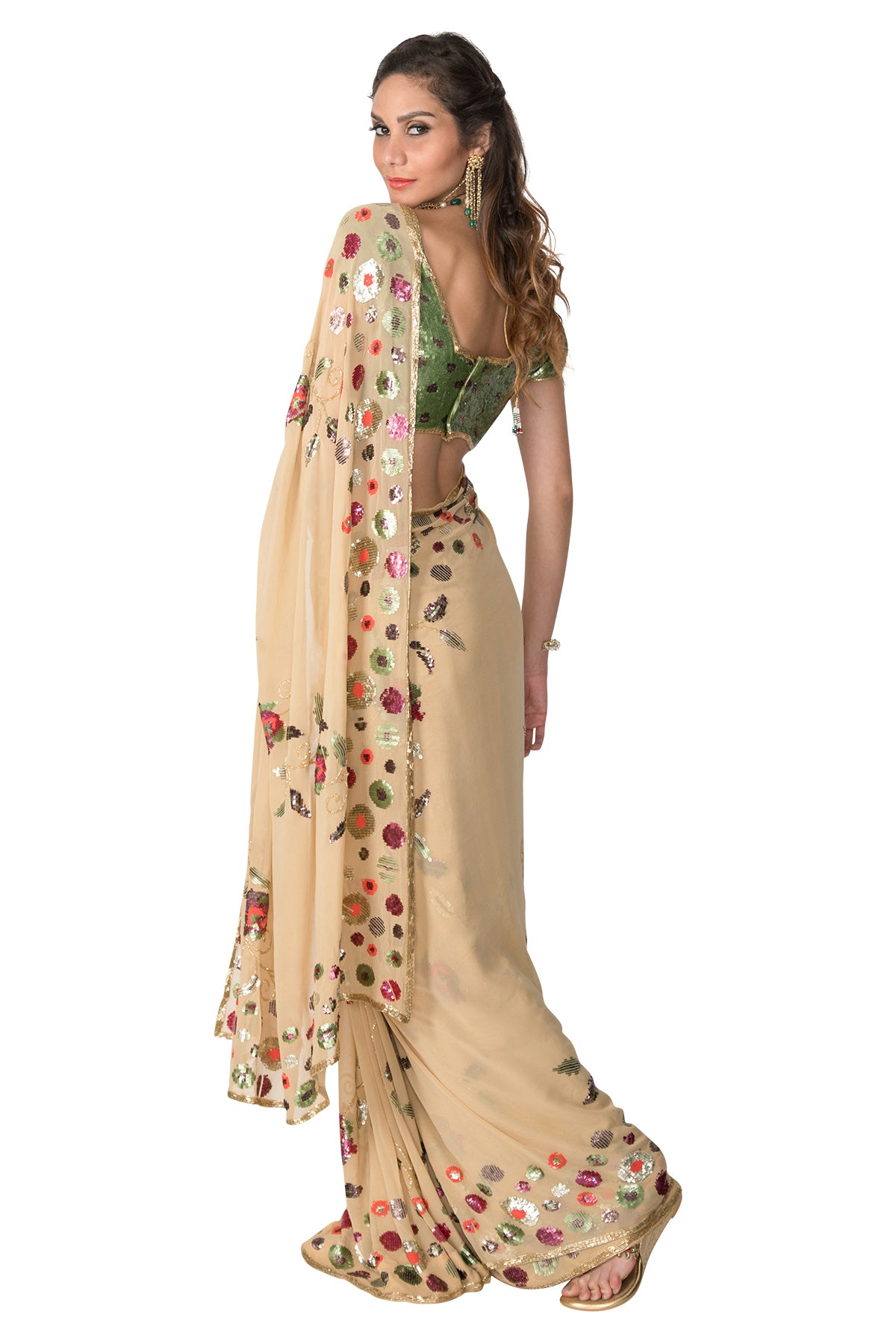 Cream and green sequins embroidered saree