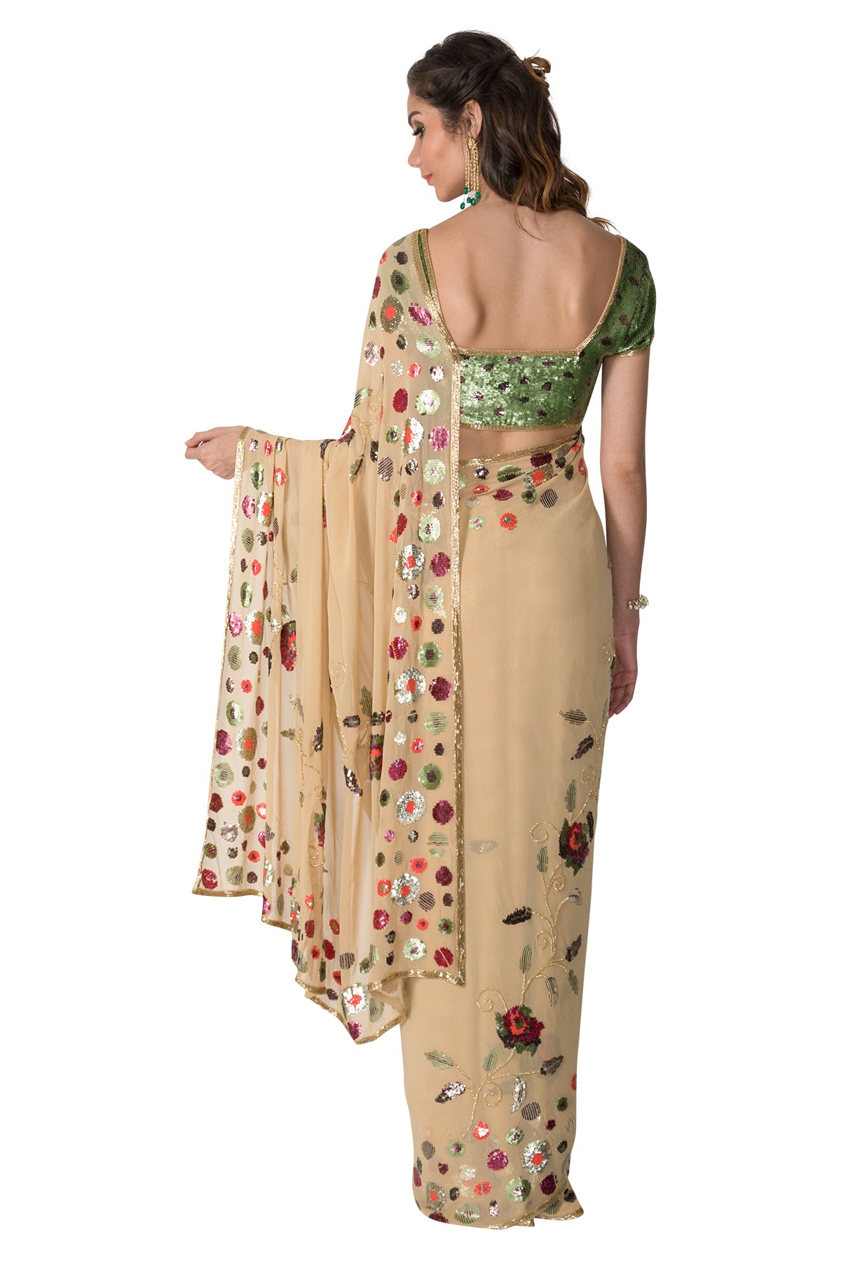Cream and green sequins embroidered saree