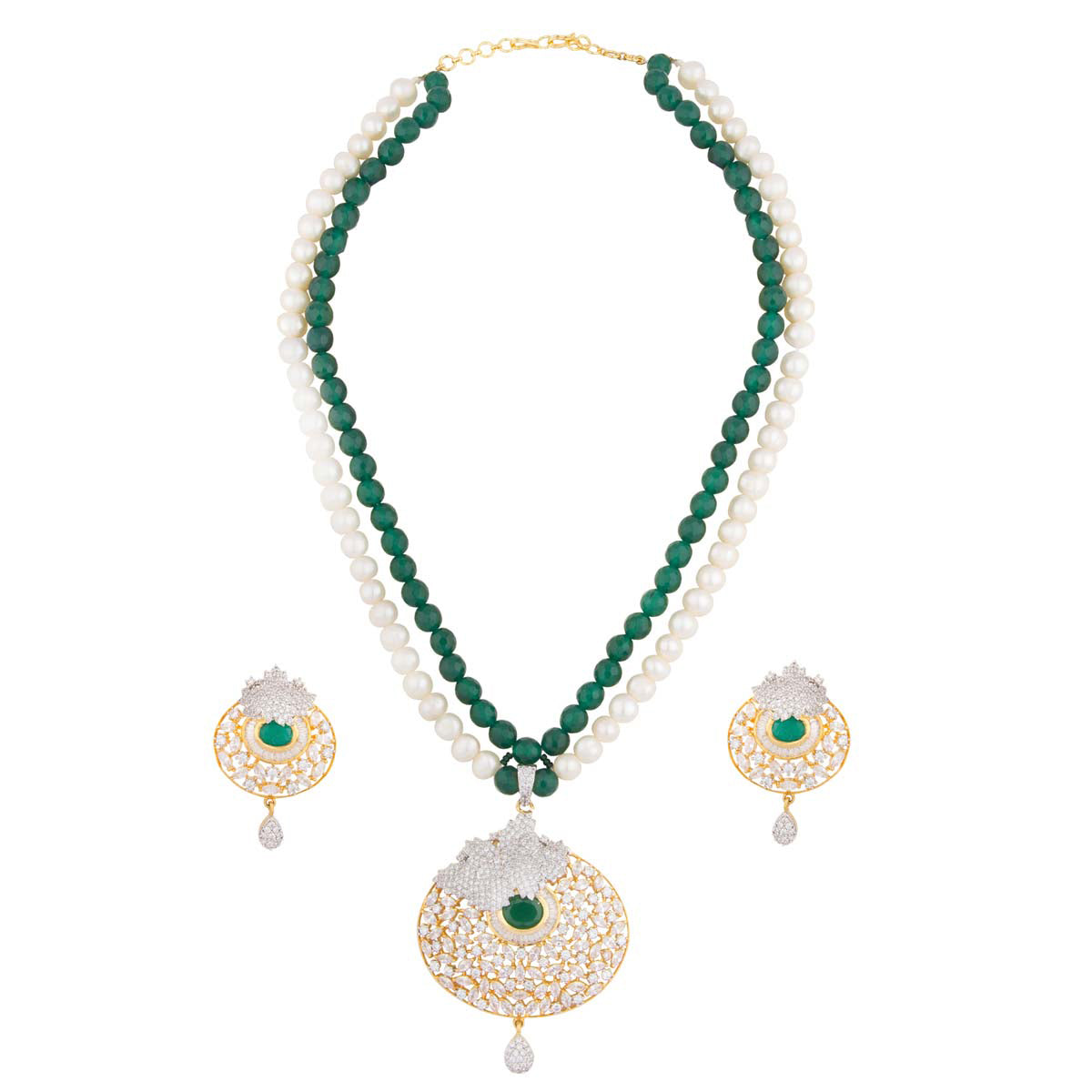 You'll be all set for the fashion police in this one! Our pearl & emerald stone necklace with a crystal emerald pendant has matching earrings and is your all accessory pass to style. 