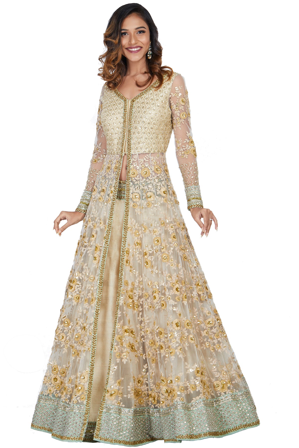 Guilded in gold, this fully hand embroidered gold long top comes with a raw silk lehenga and embroidered net dupatta. Its a lowkey princess look! 