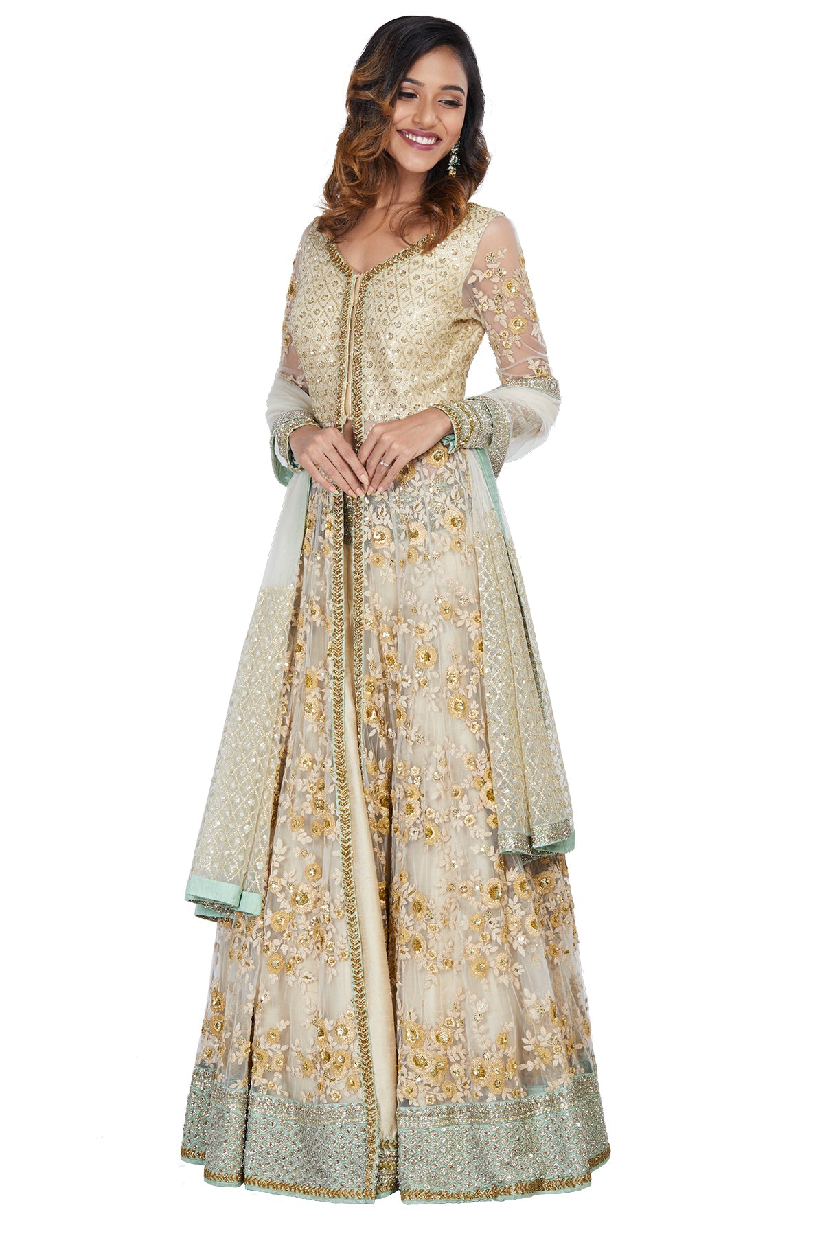 Gold And Mint Green Embroidered Lehenga Set