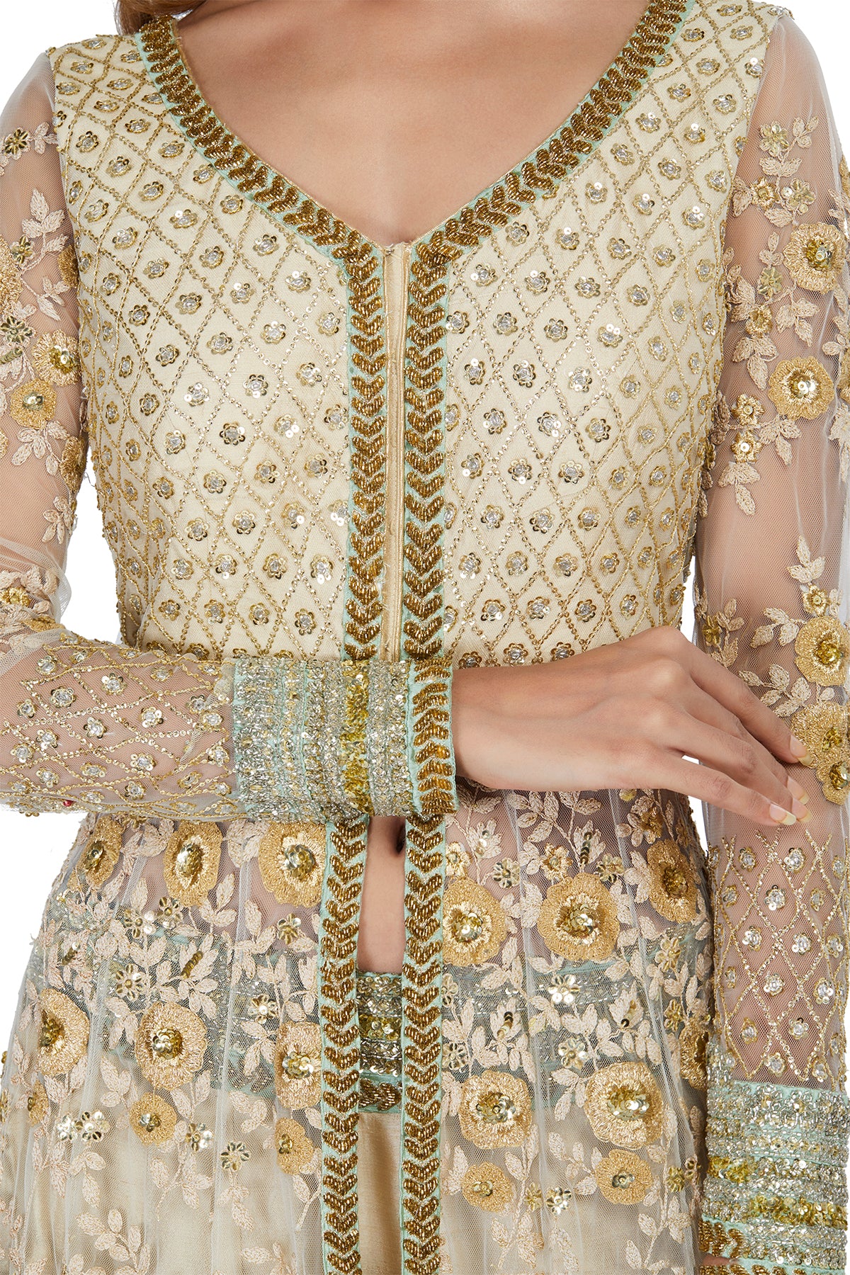 Gold And Mint Green Embroidered Lehenga Set