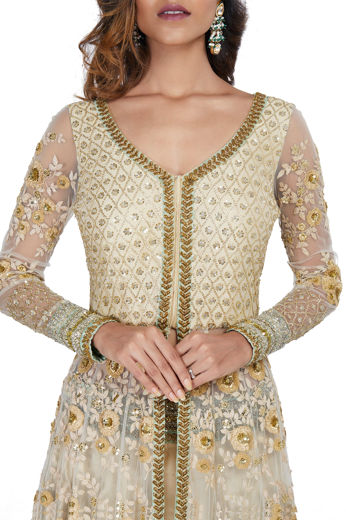 Gold And Mint Green Embroidered Lehenga Set