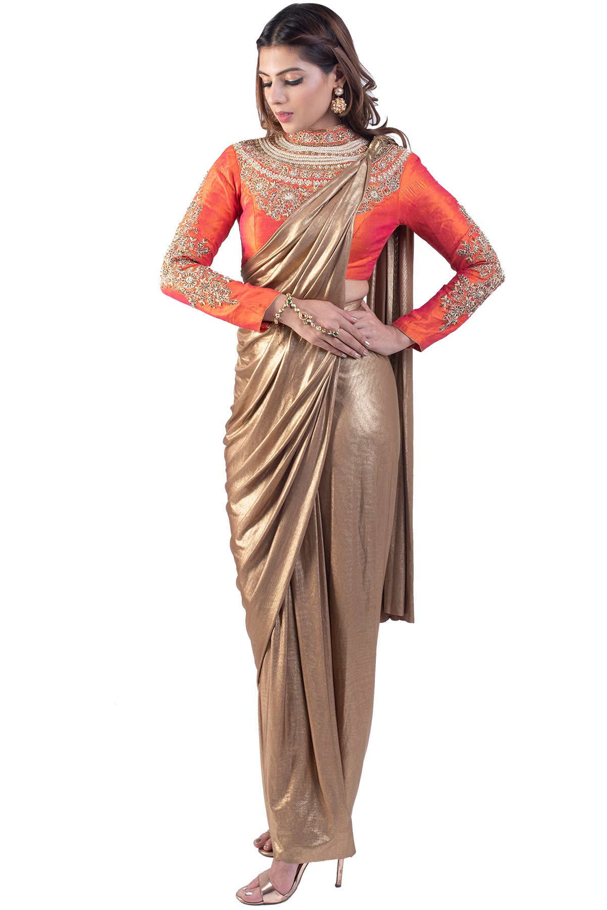 Golden Pre-Stitched Saree With Orange Embroidered Blouse