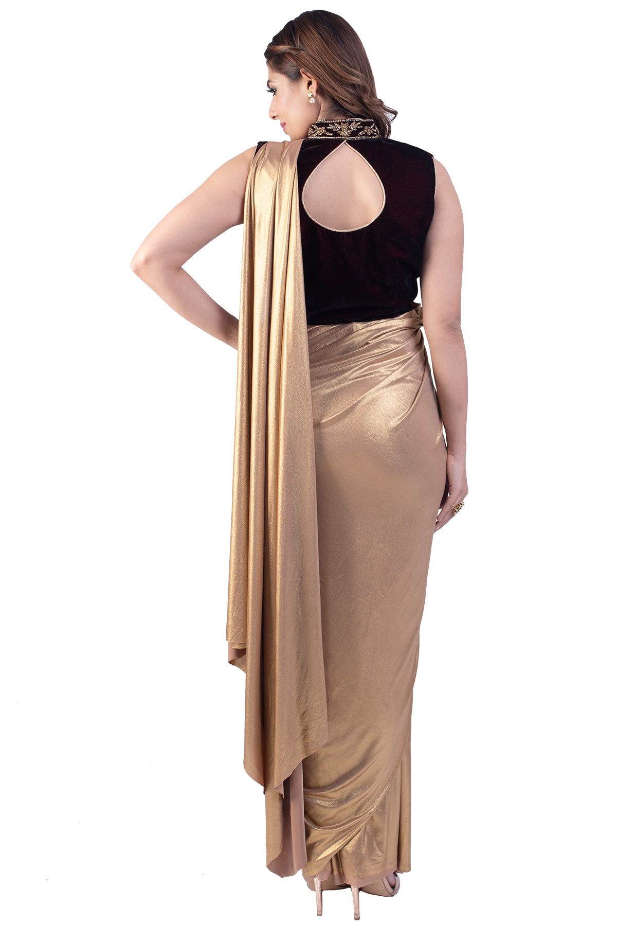 Golden Pre-Stitched Saree With Velvet Embroidered Blouse