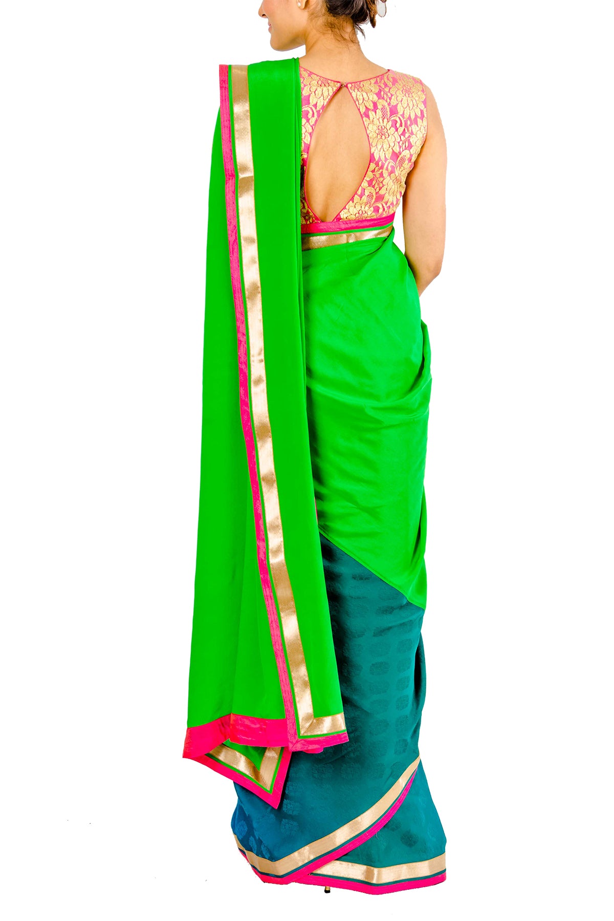 Green And Blue Shaded Half And Half Saree
