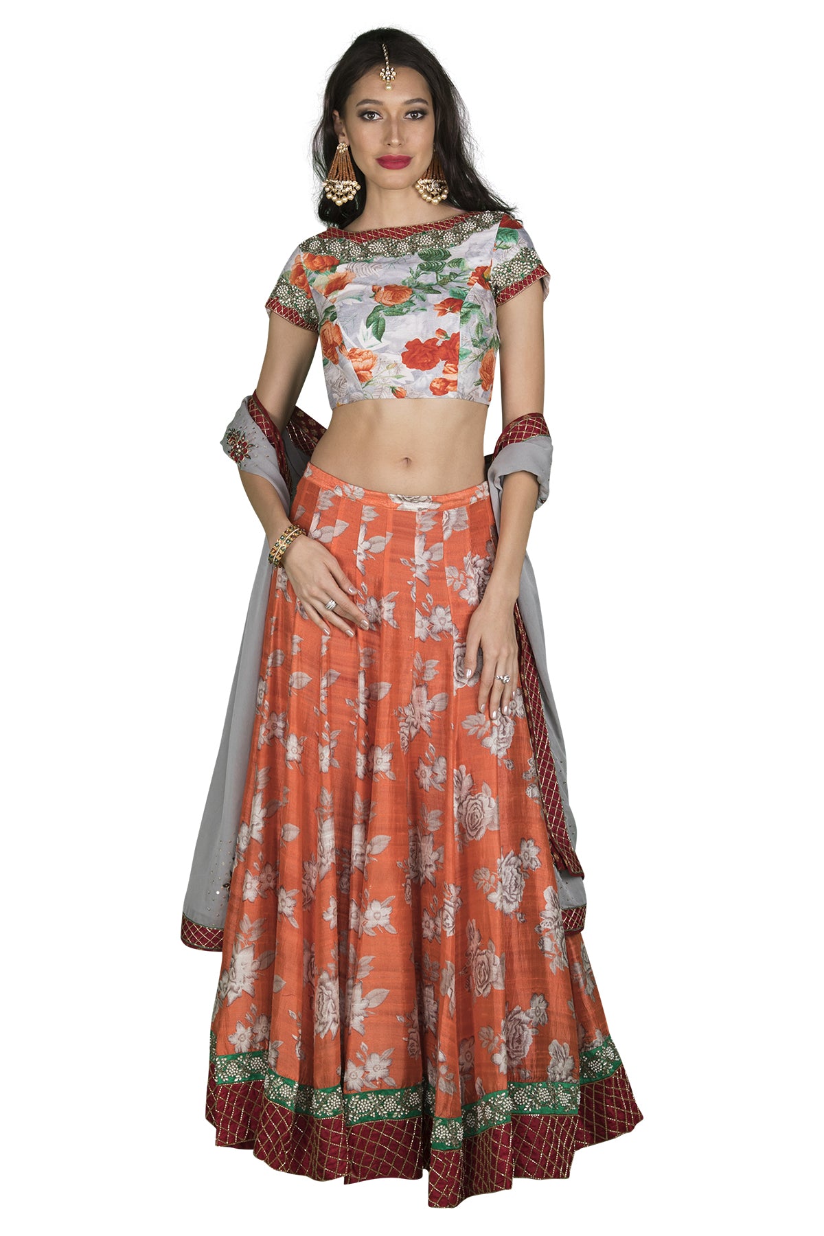 Grey and peach print lehenga set