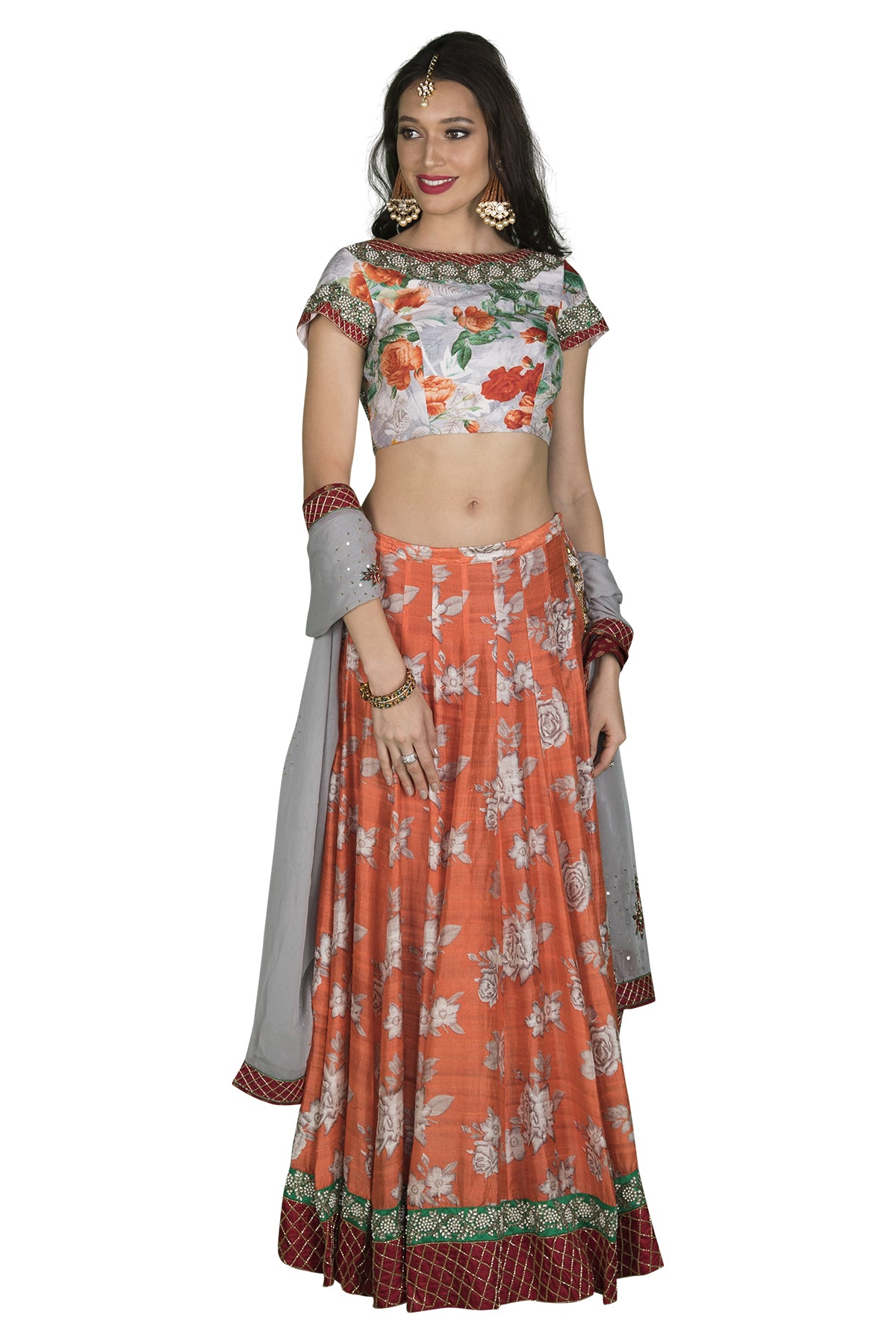 Grey and peach print lehenga set