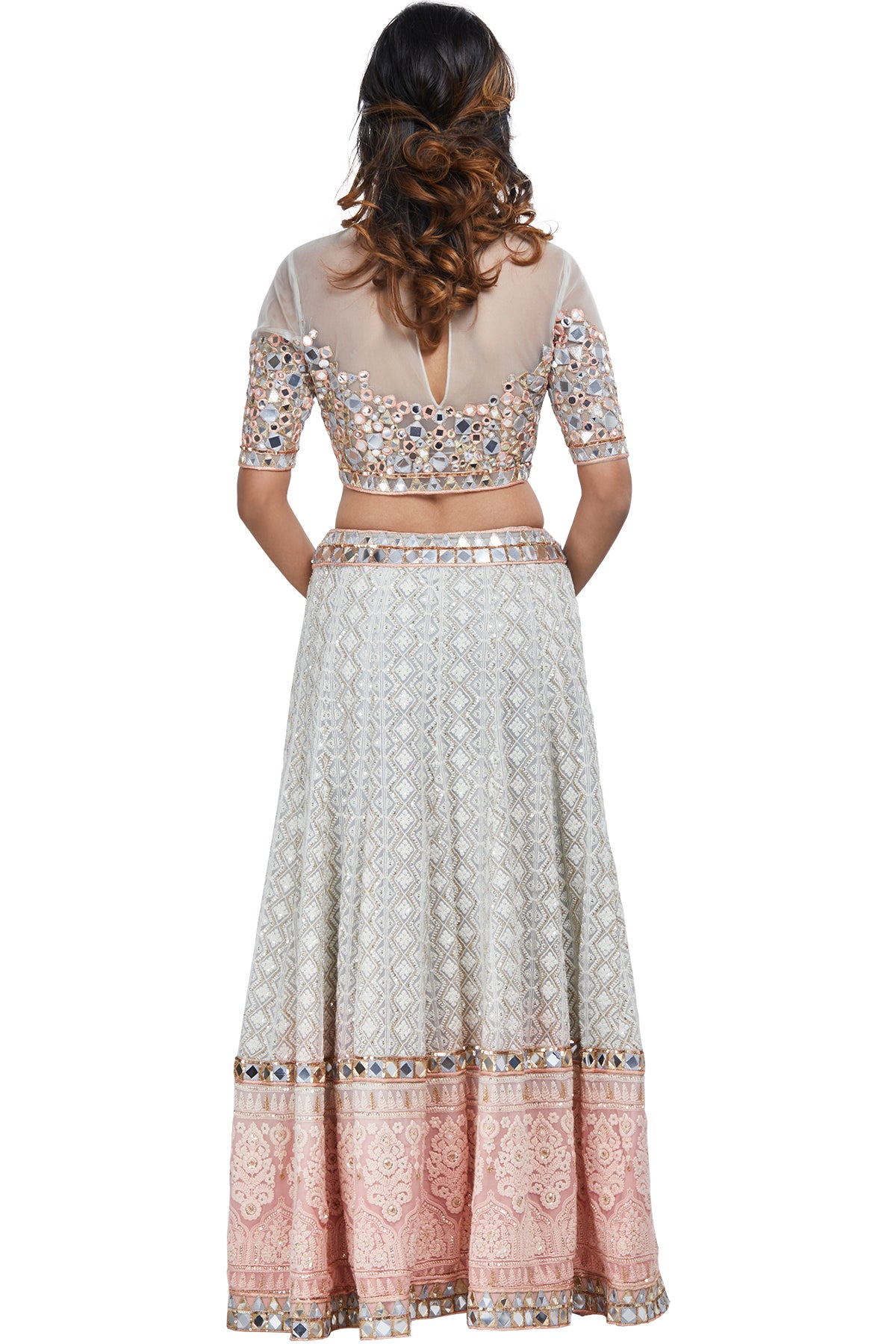 Grey and Pink Lucknowi Mirror Lehenga Set