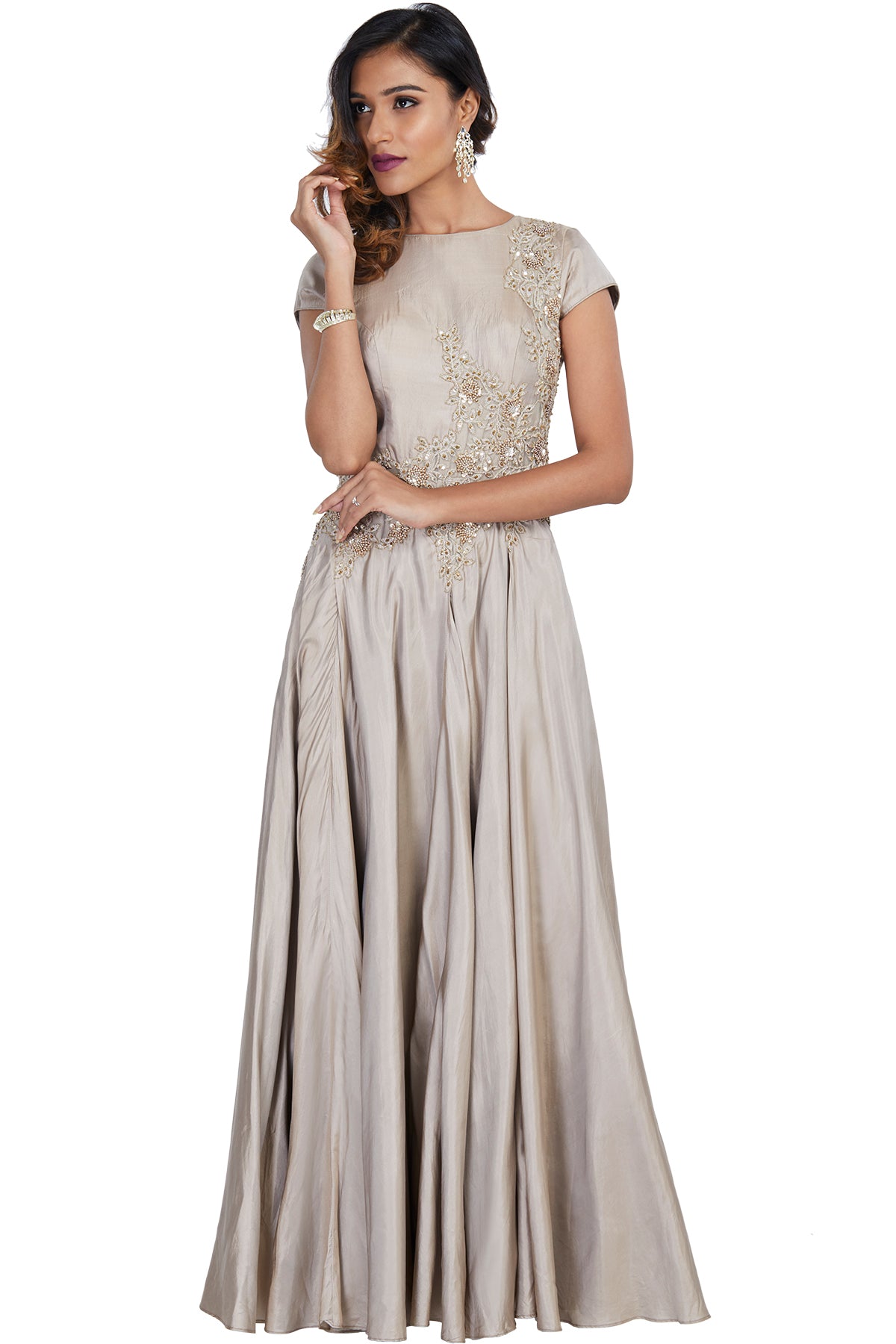 Grey Asymmetrically Embroidered Gown