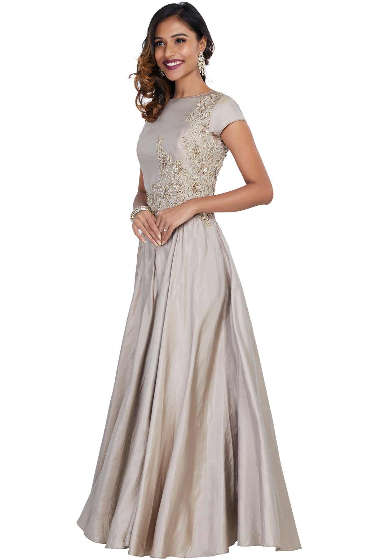 Grey Asymmetrically Embroidered Gown