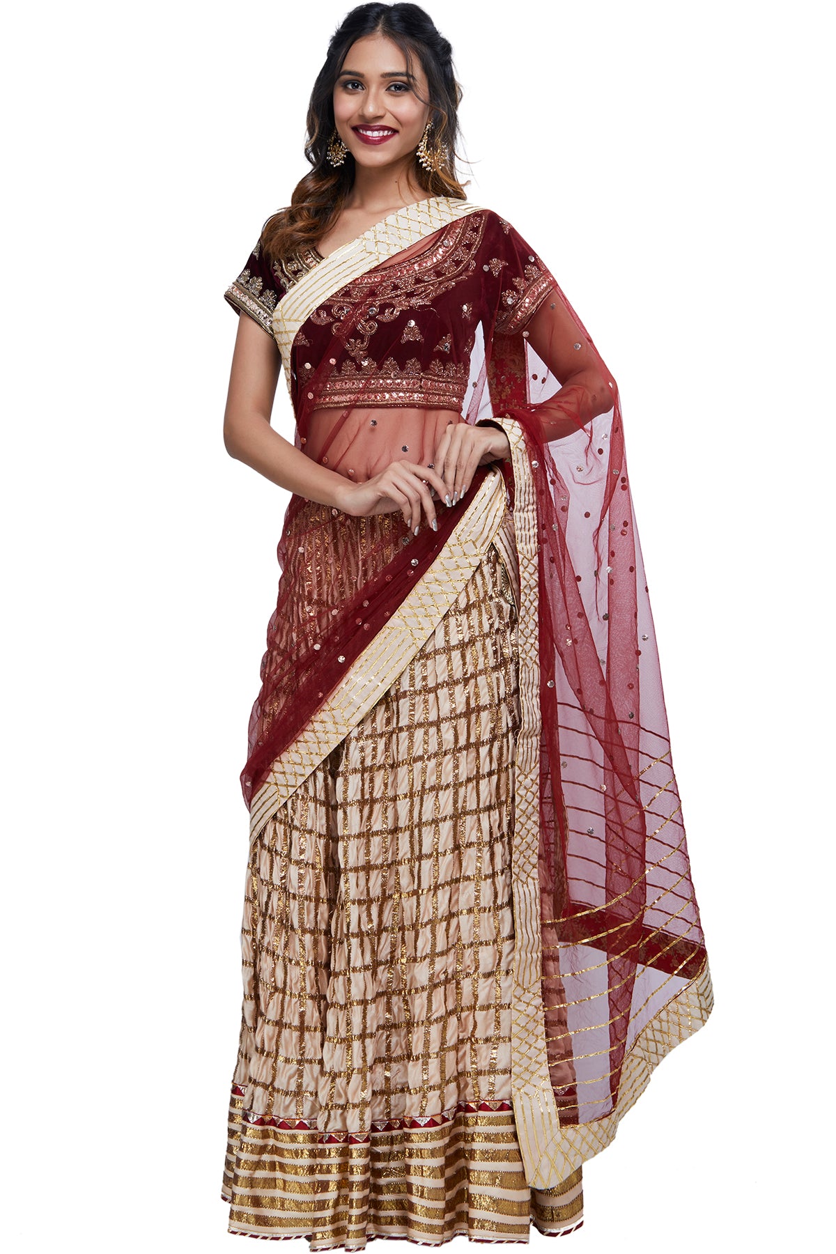 Maroon and Cream Velvet Lehenga Set