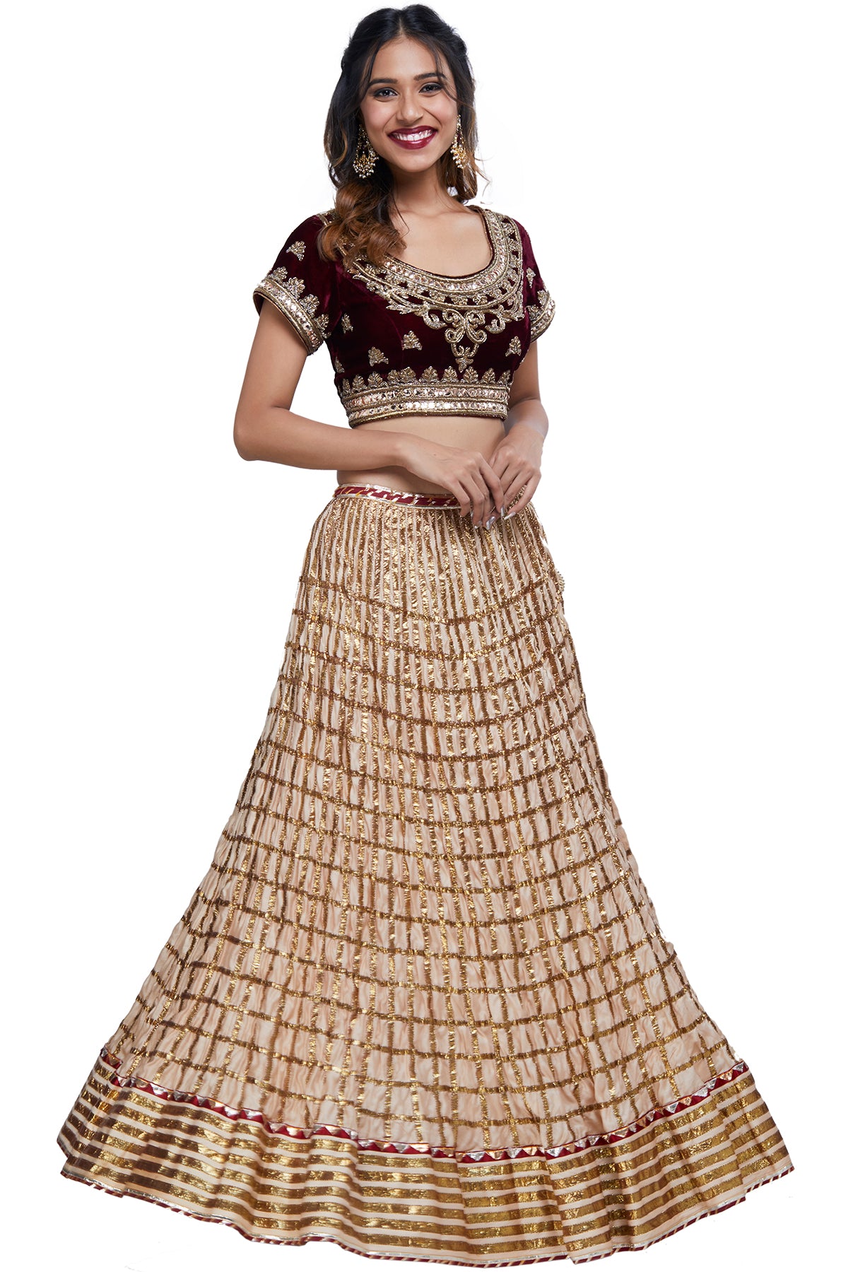 Maroon and Cream Velvet Lehenga Set