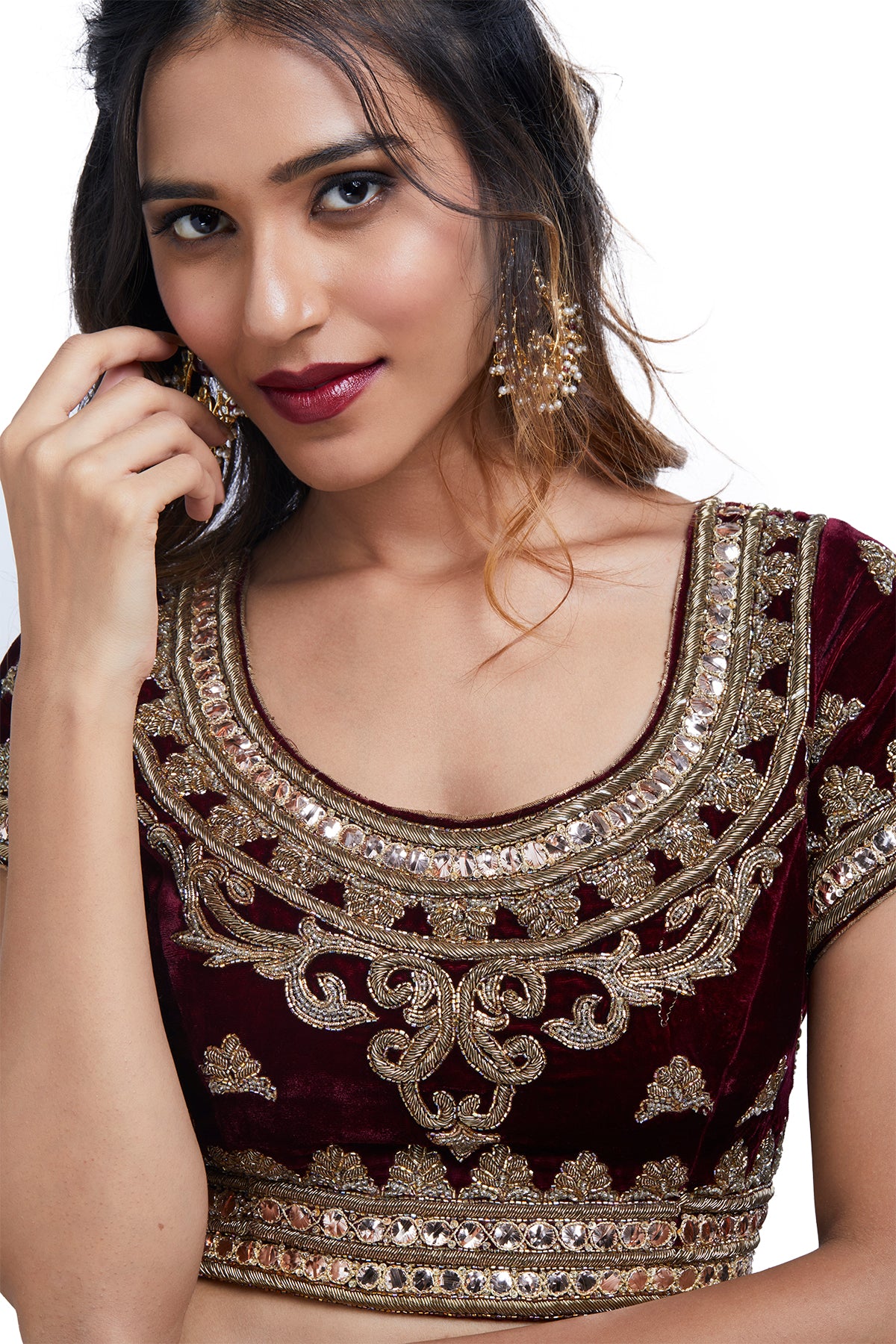 Maroon and Cream Velvet Lehenga Set