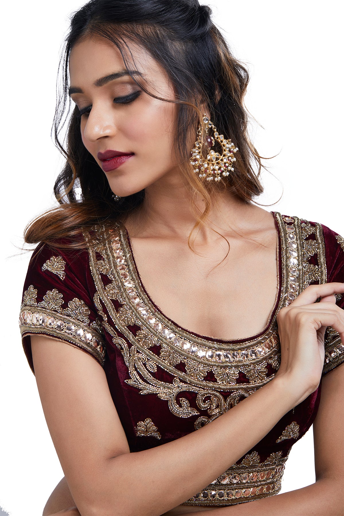 Maroon and Cream Velvet Lehenga Set