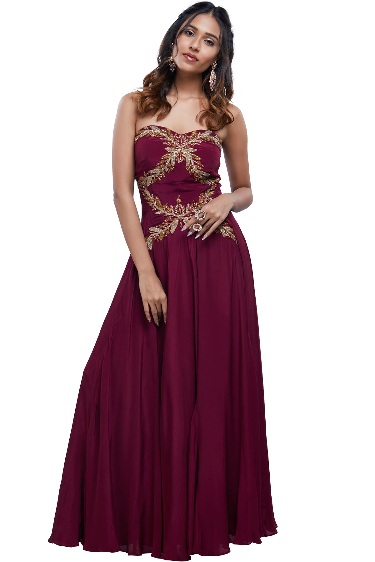 Maroon Zardozi Strapless Gown