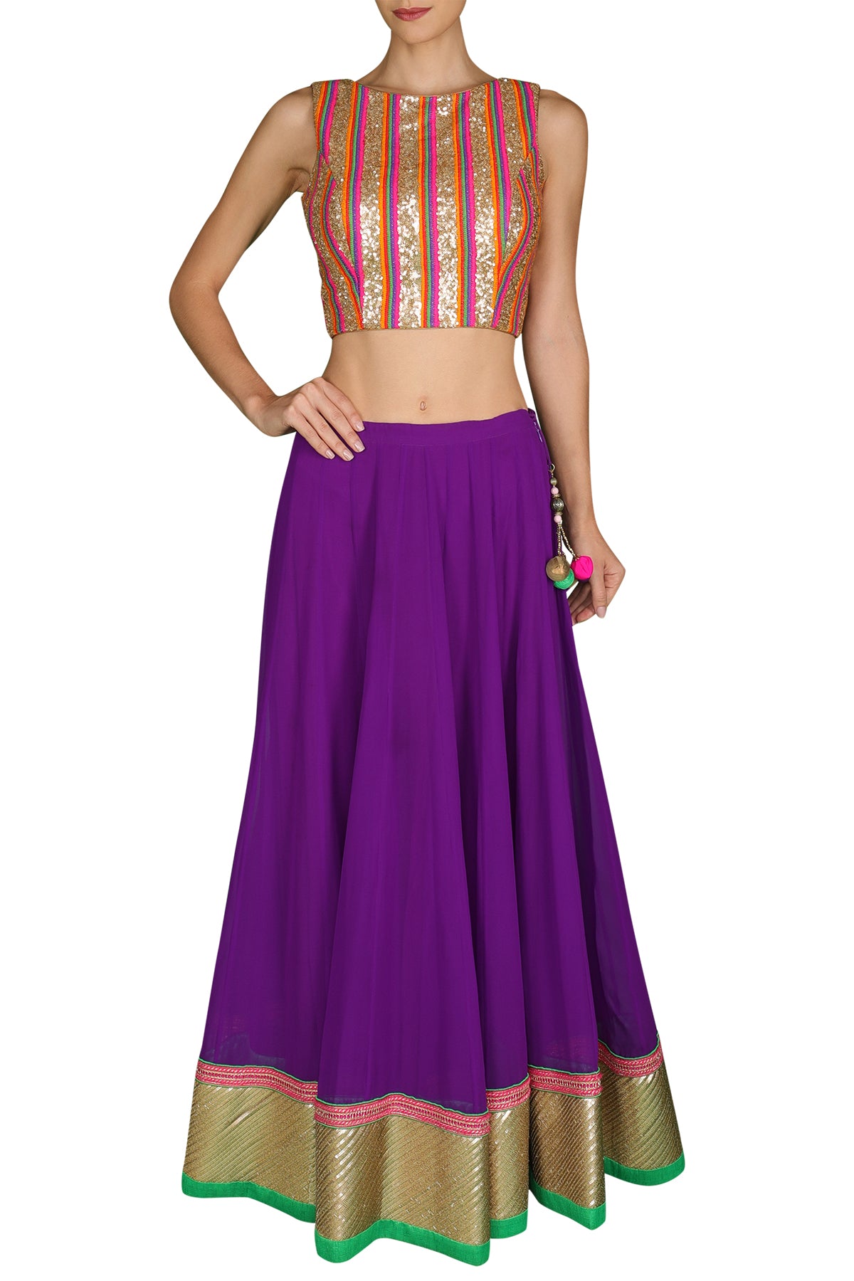 Multi-Colored Blouse with Purple Lehenga and Dupatta