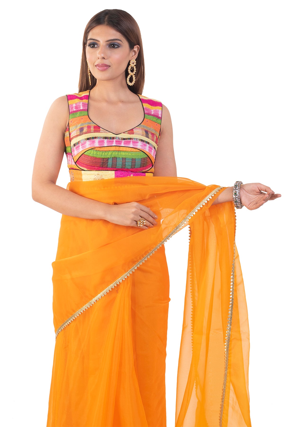 Orange Organza Saree With Multicoloured Blouse