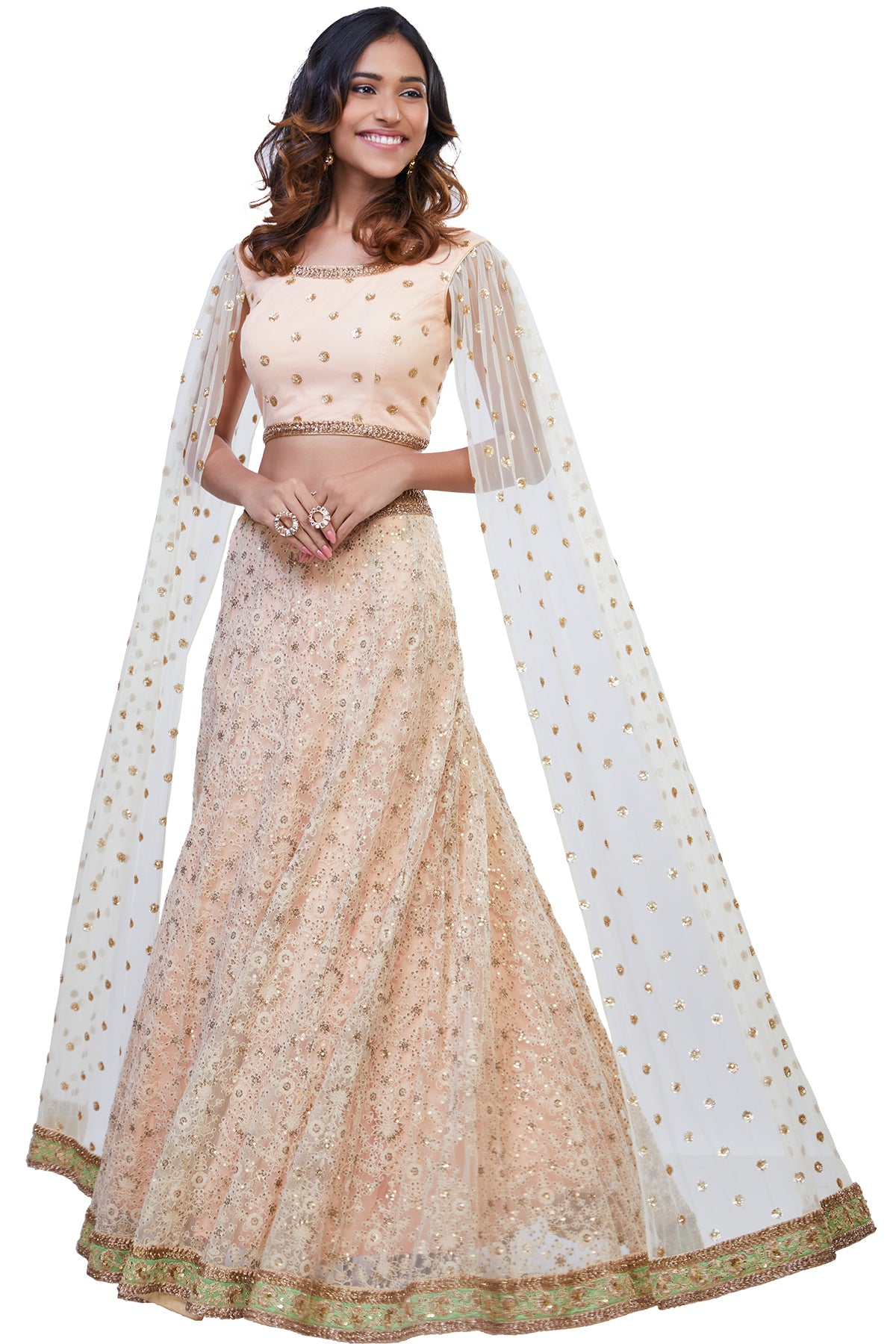 Peach and Off White Cape Sleeves Lehenga