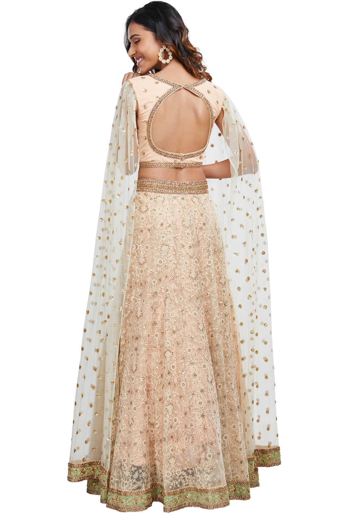 Peach and Off White Cape Sleeves Lehenga