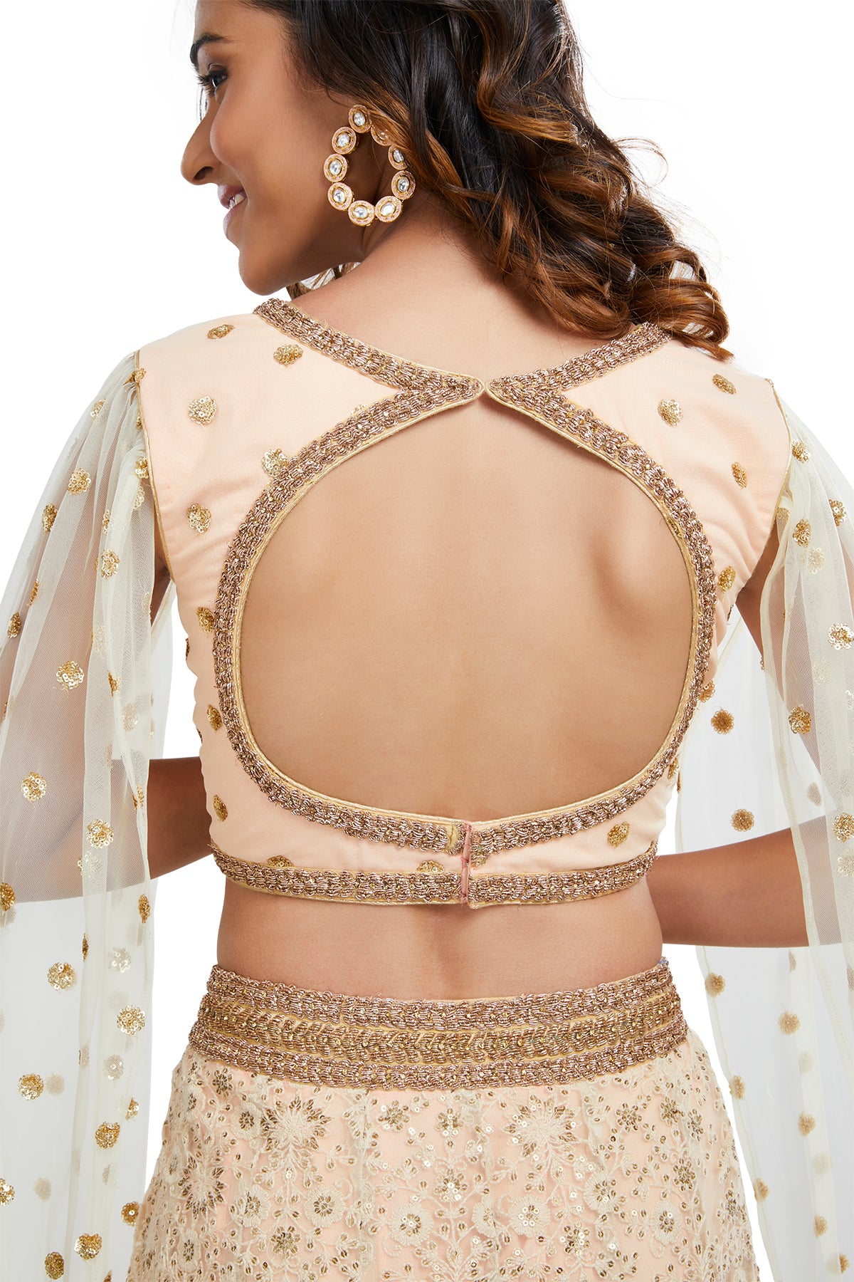 Peach and Off White Cape Sleeves Lehenga