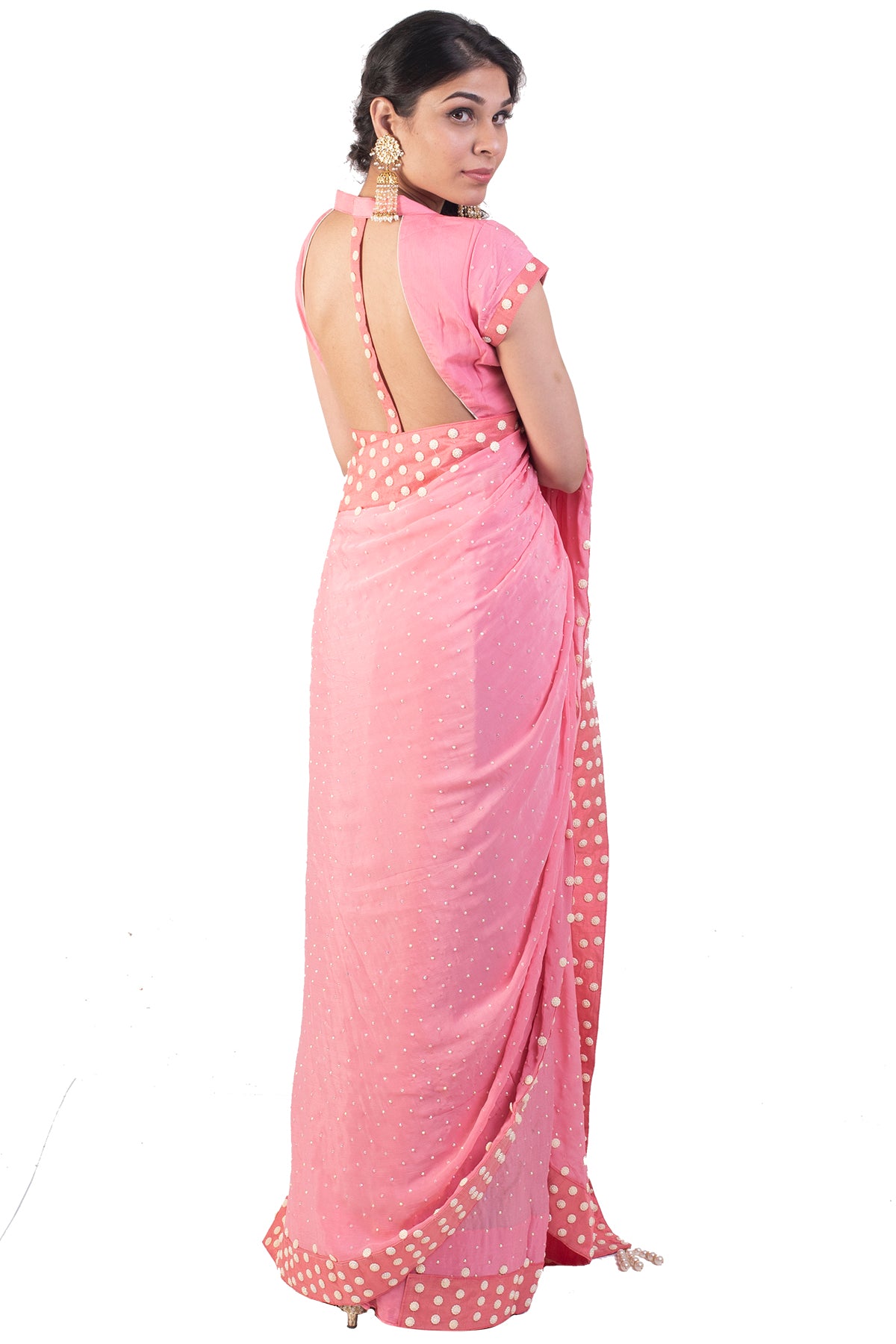 Pink Saree With Pearl Embroidered border