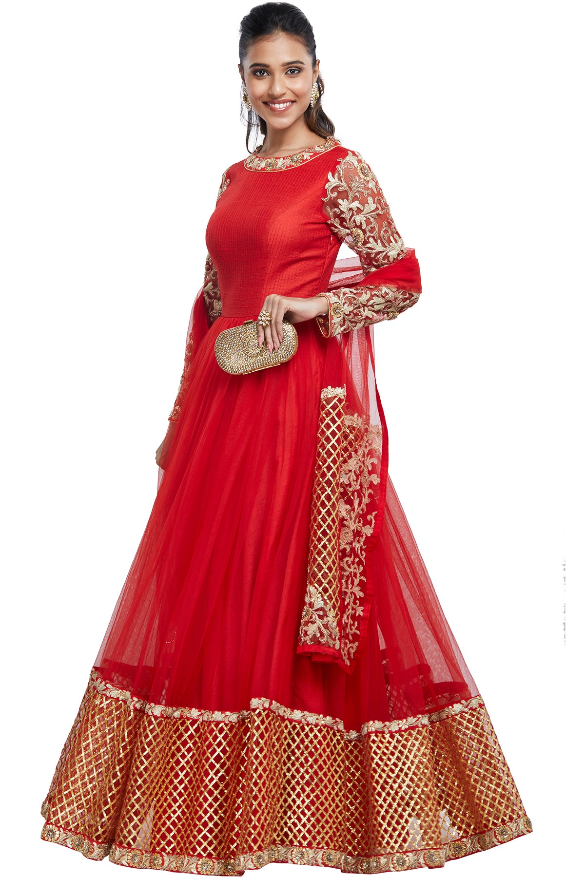 A small sartorial step toward style, and a giant leap toward unequivocal fashion - this red high neck lehenga with an open back and embroidered dupatta exudes a palpable level of confidence.
