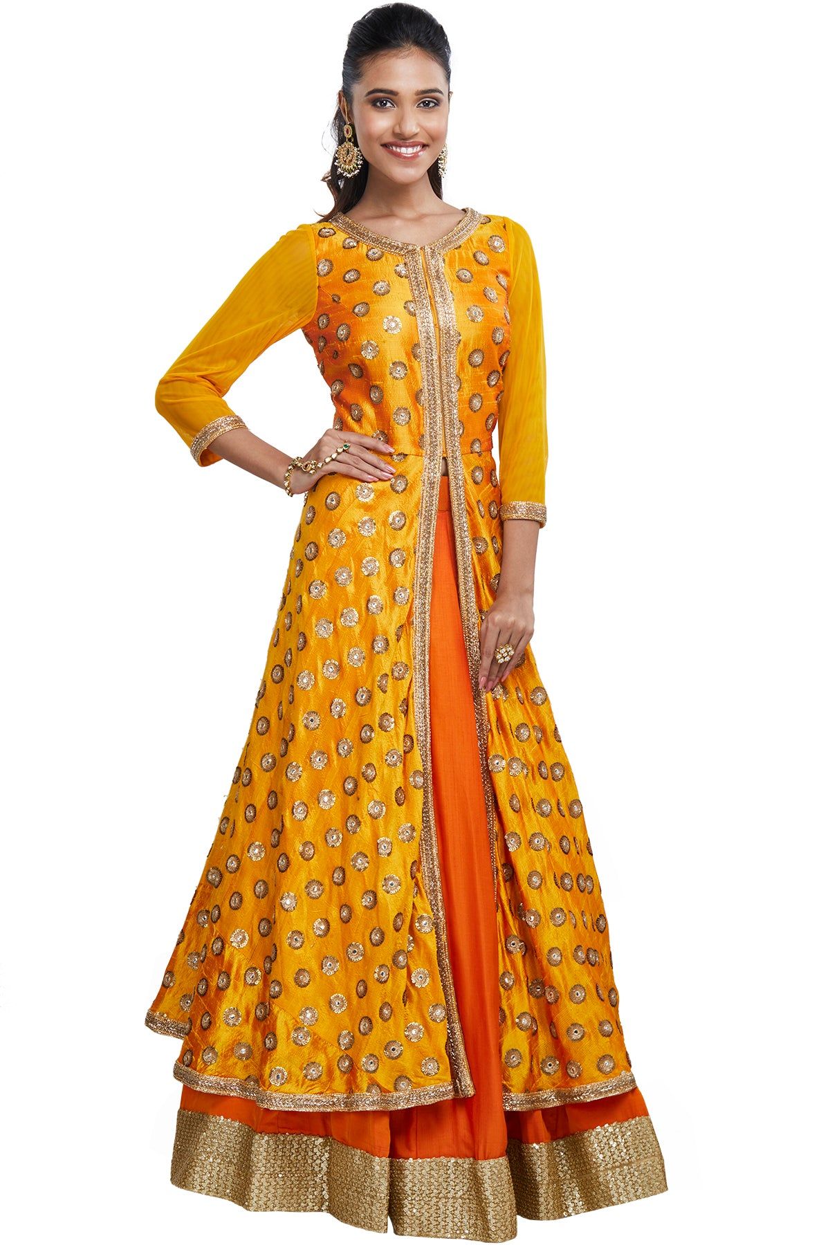 Look lush for life in this stunning combination of an embroidered saffron anarkali front-slit top over an orange skirt with a stark gold border. 
