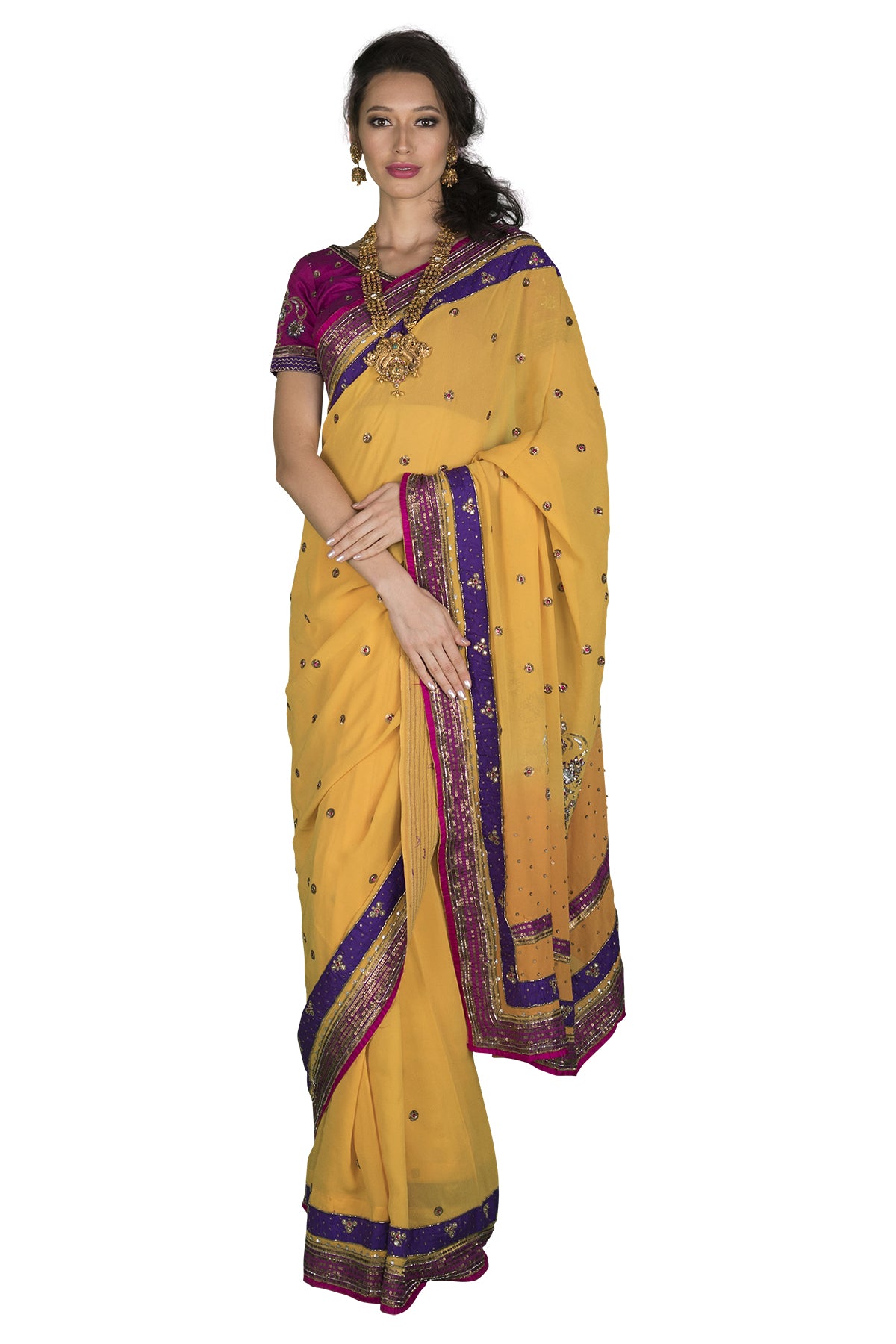 Turmeric, Pink And Purple Saree