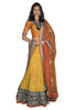 Orange silk blouse with silver neckline. Yellow lucknowi skirt with orange border. The colors are pleasing the peculiar design makes it our favorite. 