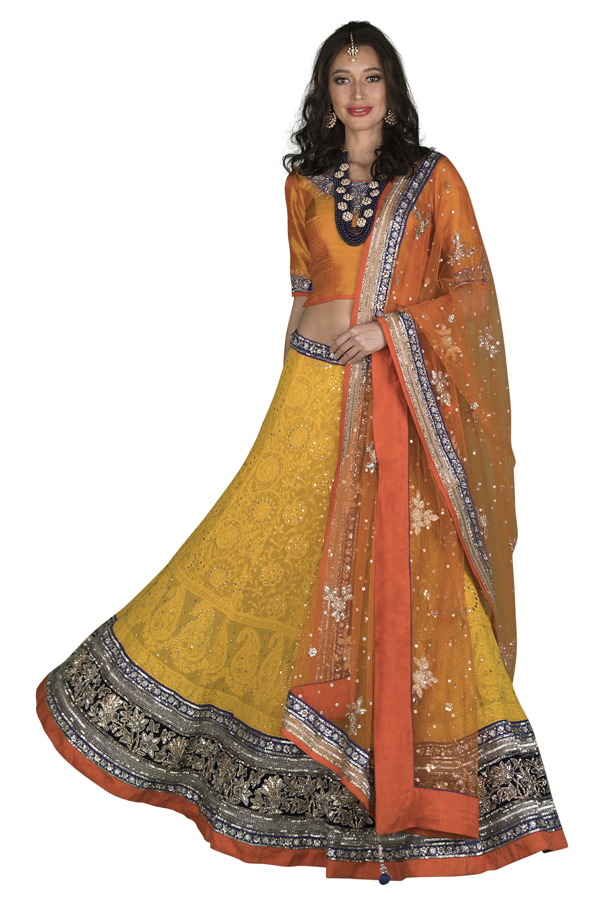Yellow and orange lucknowi lehenga set