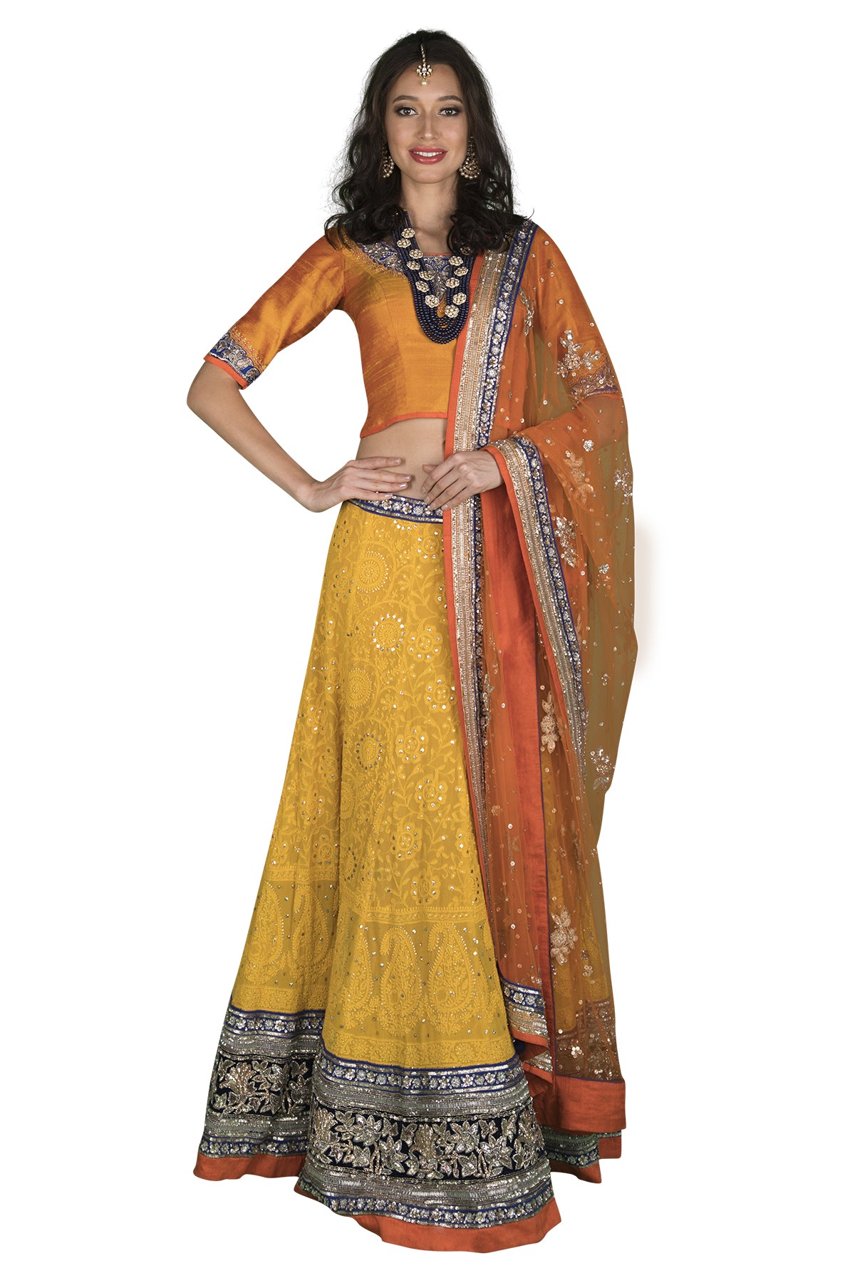 Yellow and orange lucknowi lehenga set