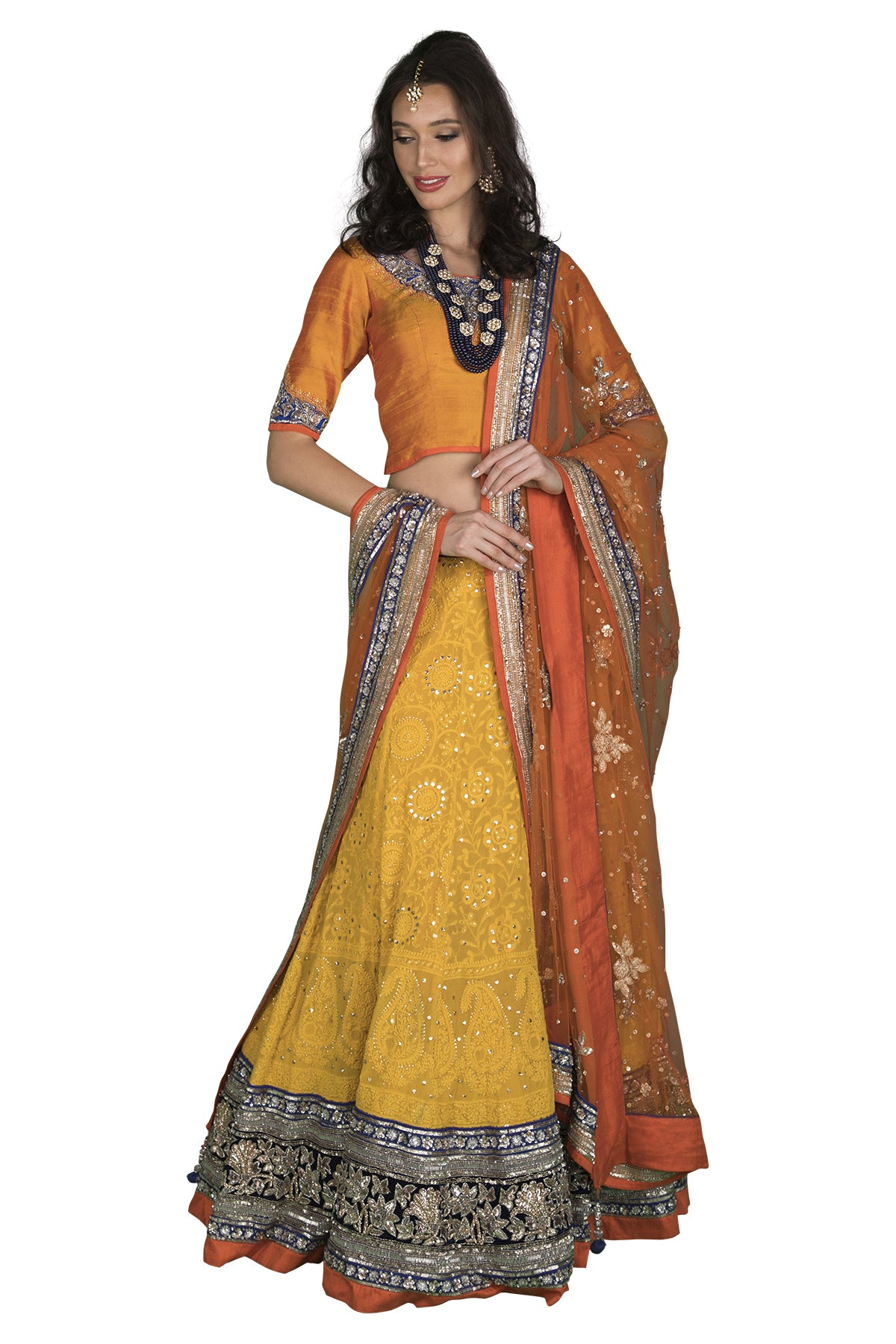 Yellow and orange lucknowi lehenga set