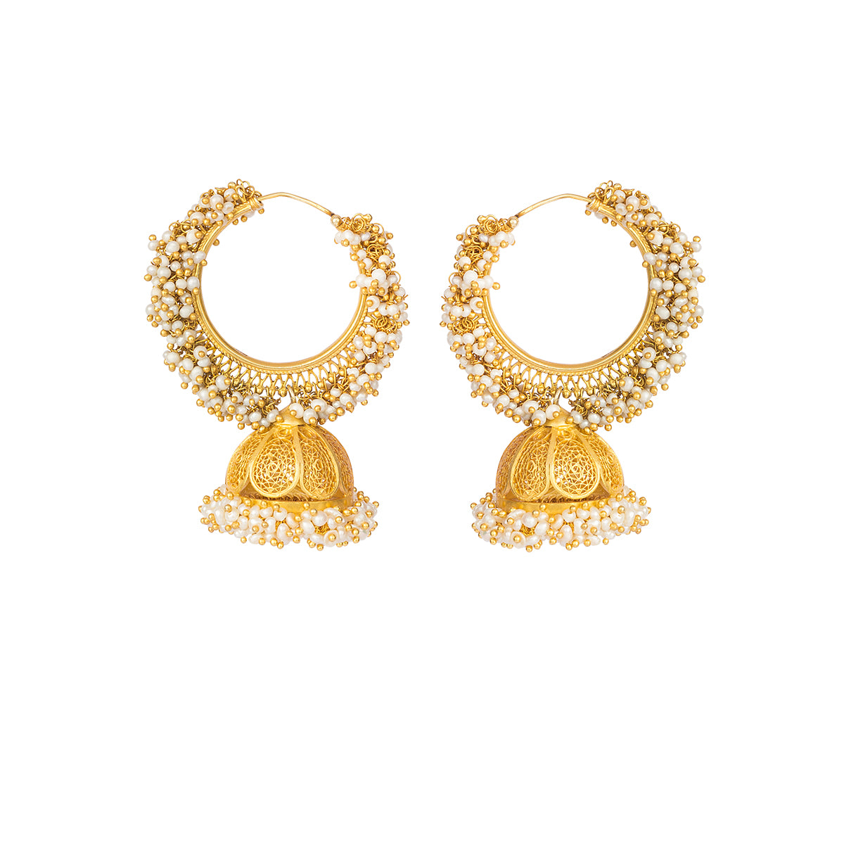 Saved for a special occassion and sealed with love, these gold-plates silver earrings are decorated with pearls in a hoop & jhumka design. They remind us of the golden days and eternal love!
